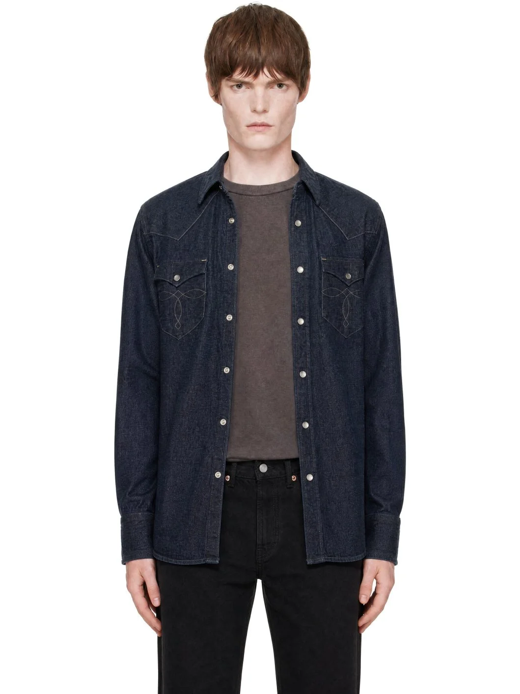 Navy Slim Fit Denim Western Shirt - 1