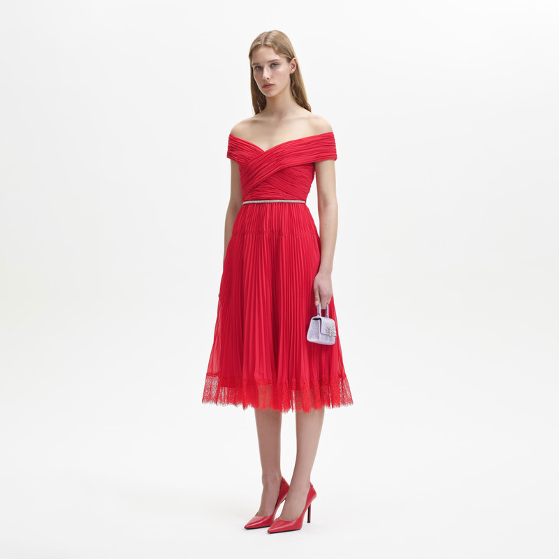 knee length dresses for ladies Rent Self Portrait Orange Off Shoulder Crystal Midi Dress main image 1