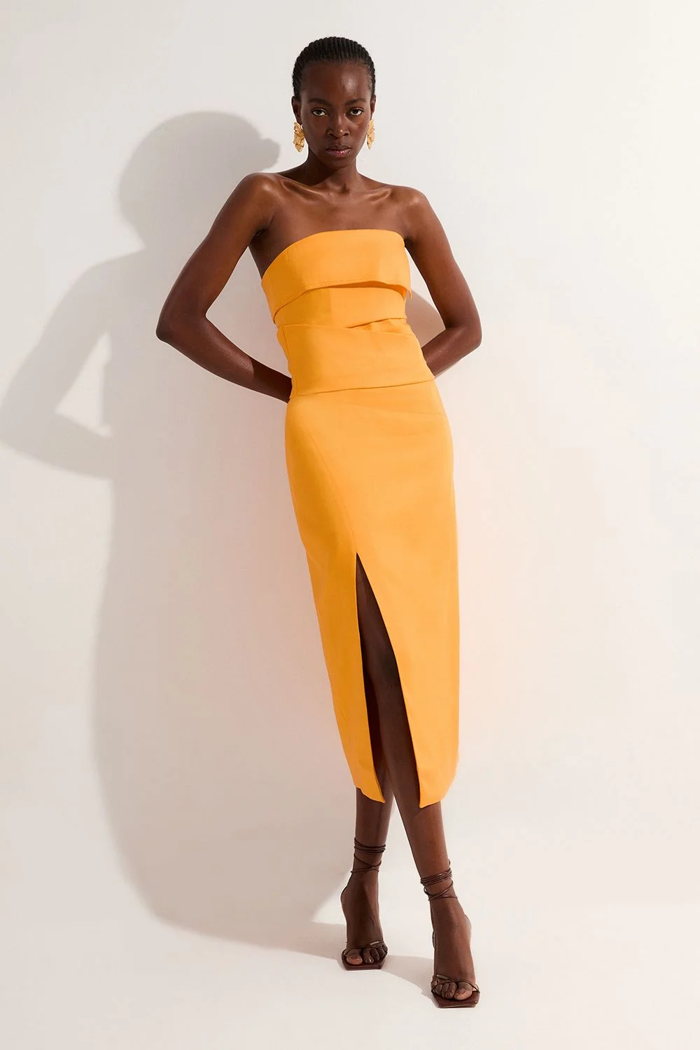 Petite Premium Linen Structured Pleated Bandeau Tailored Midi Pencil Dress - 1