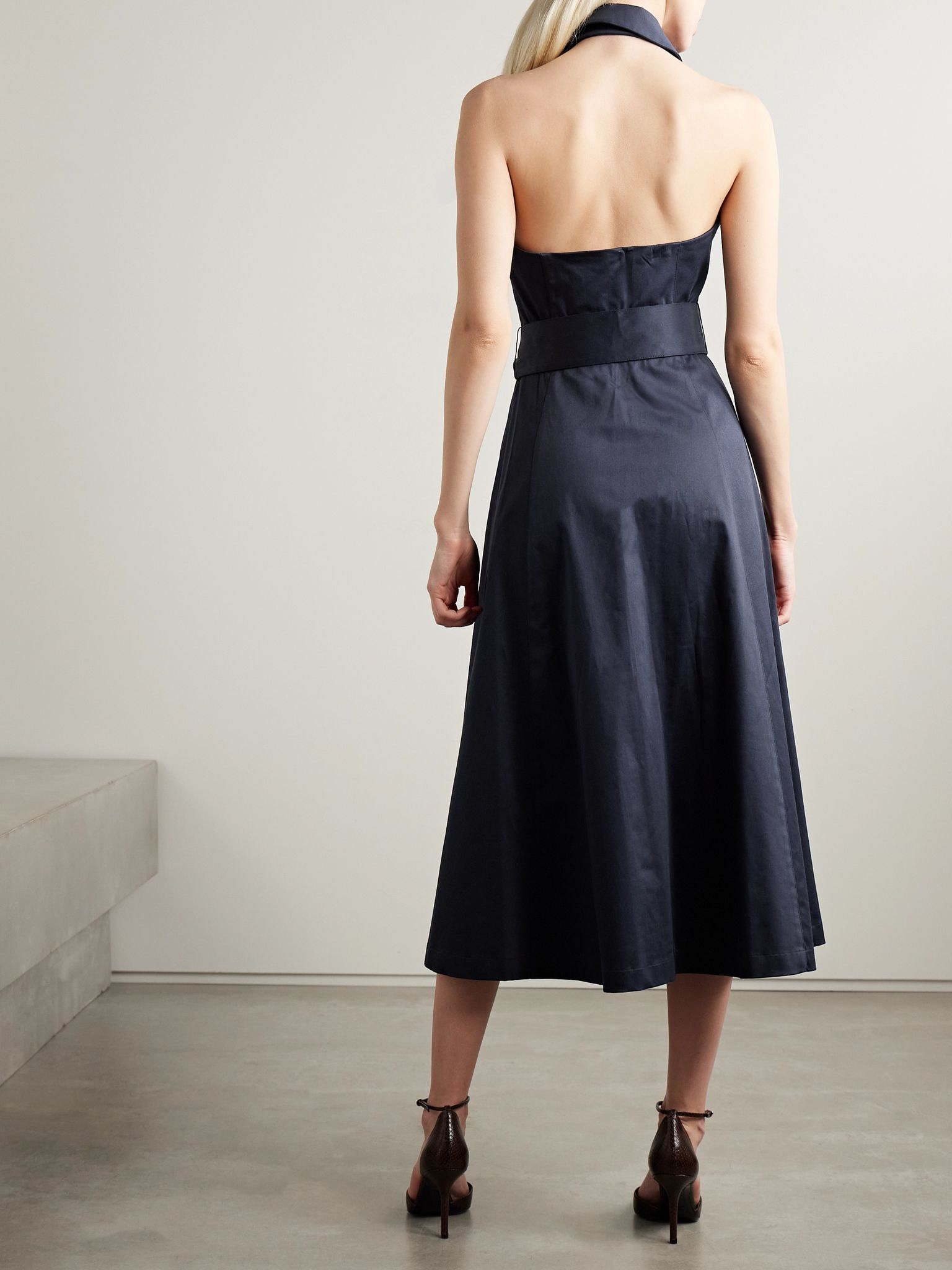 Belted cotton-blend sateen halterneck midi shirt dress Navy - 3