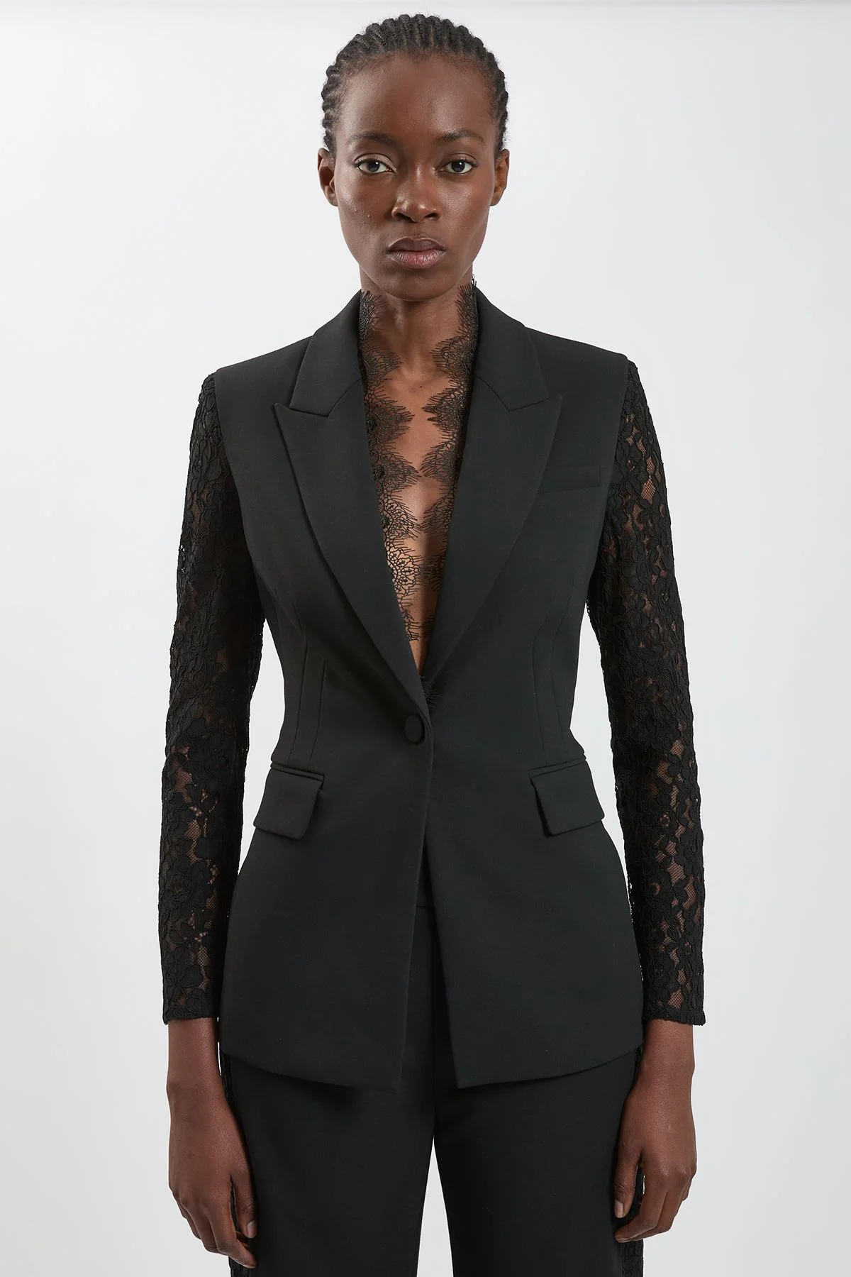Compact Stretch Lace Mix Tailored Single Breasted Blazer - 1