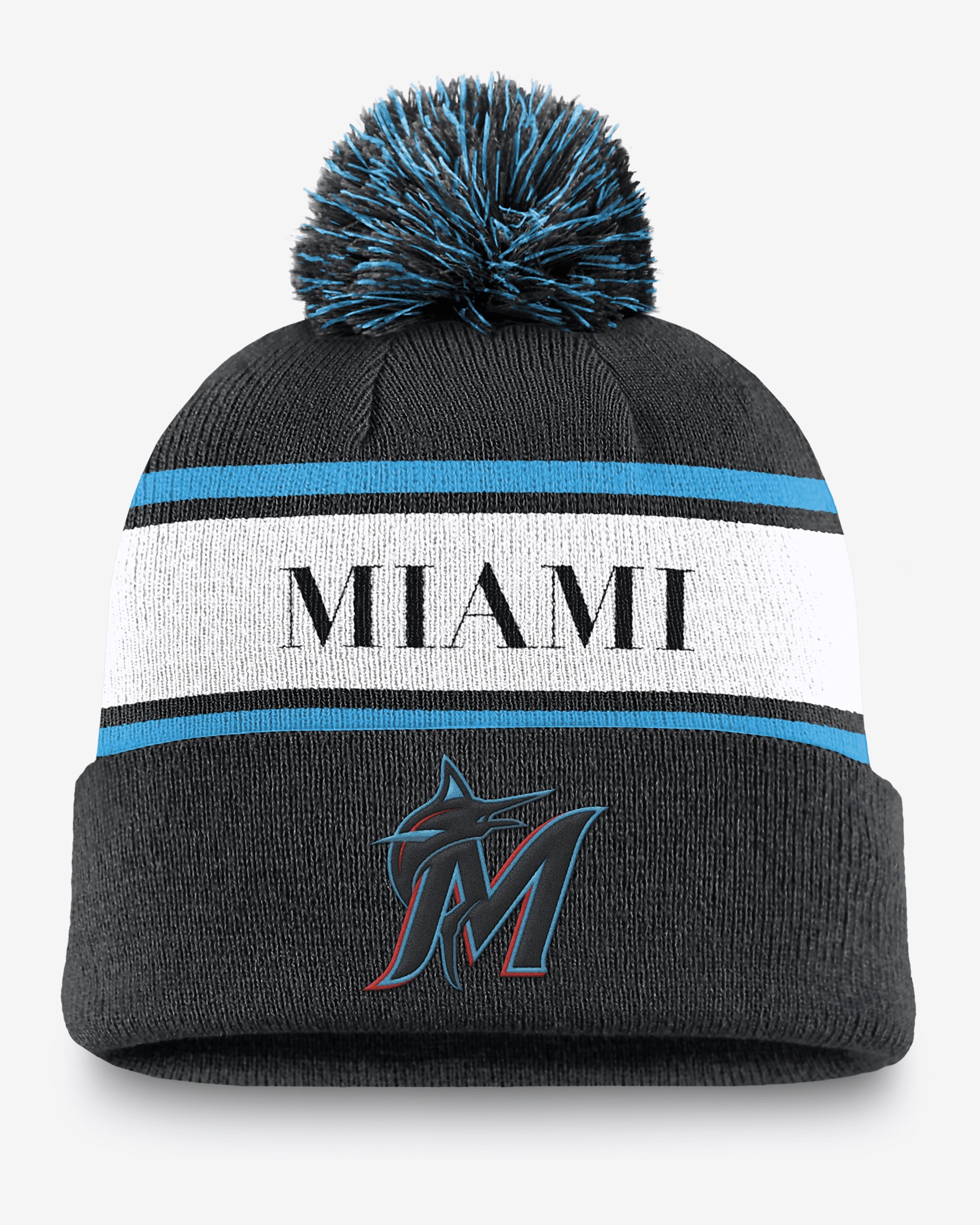 Miami Marlins Team Stripe Peak Men's Nike MLB Cuffed Pom Beanie - 1