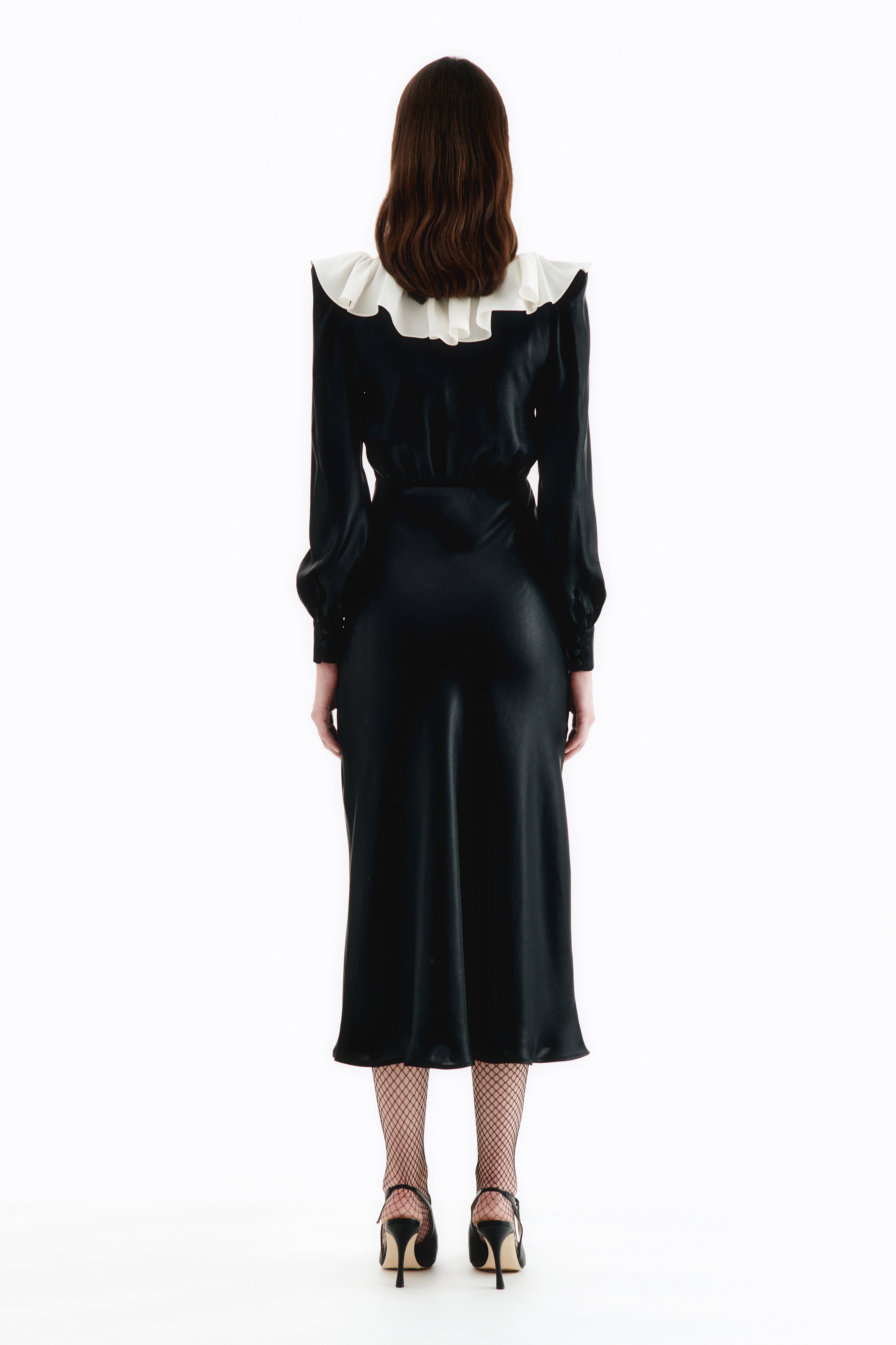 LAMINATED SILK DRESS WITH VOLANT COLLAR - 4