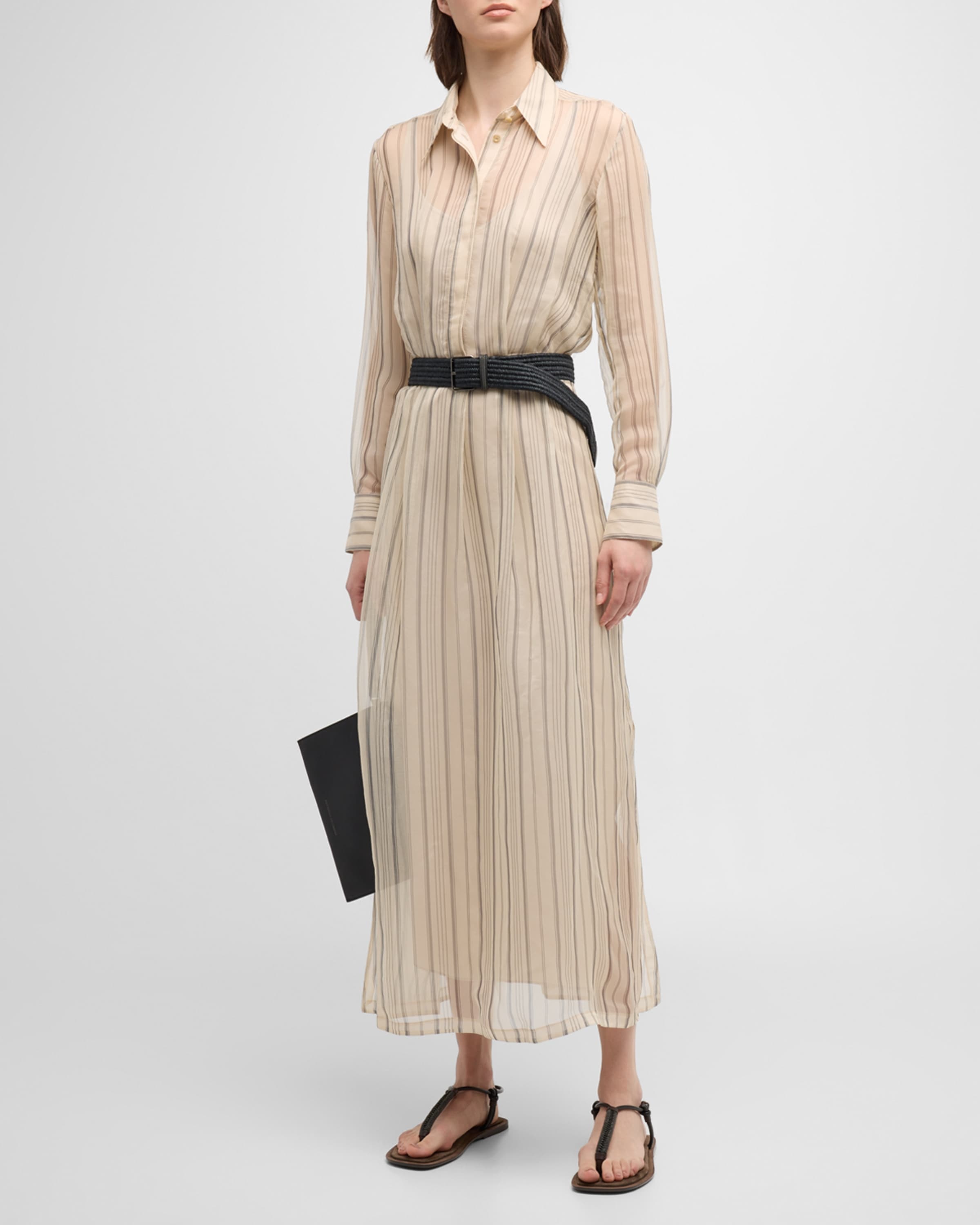 Striped Chiffon Maxi Shirtdress With Monili-Trim Raffia Belt - 2