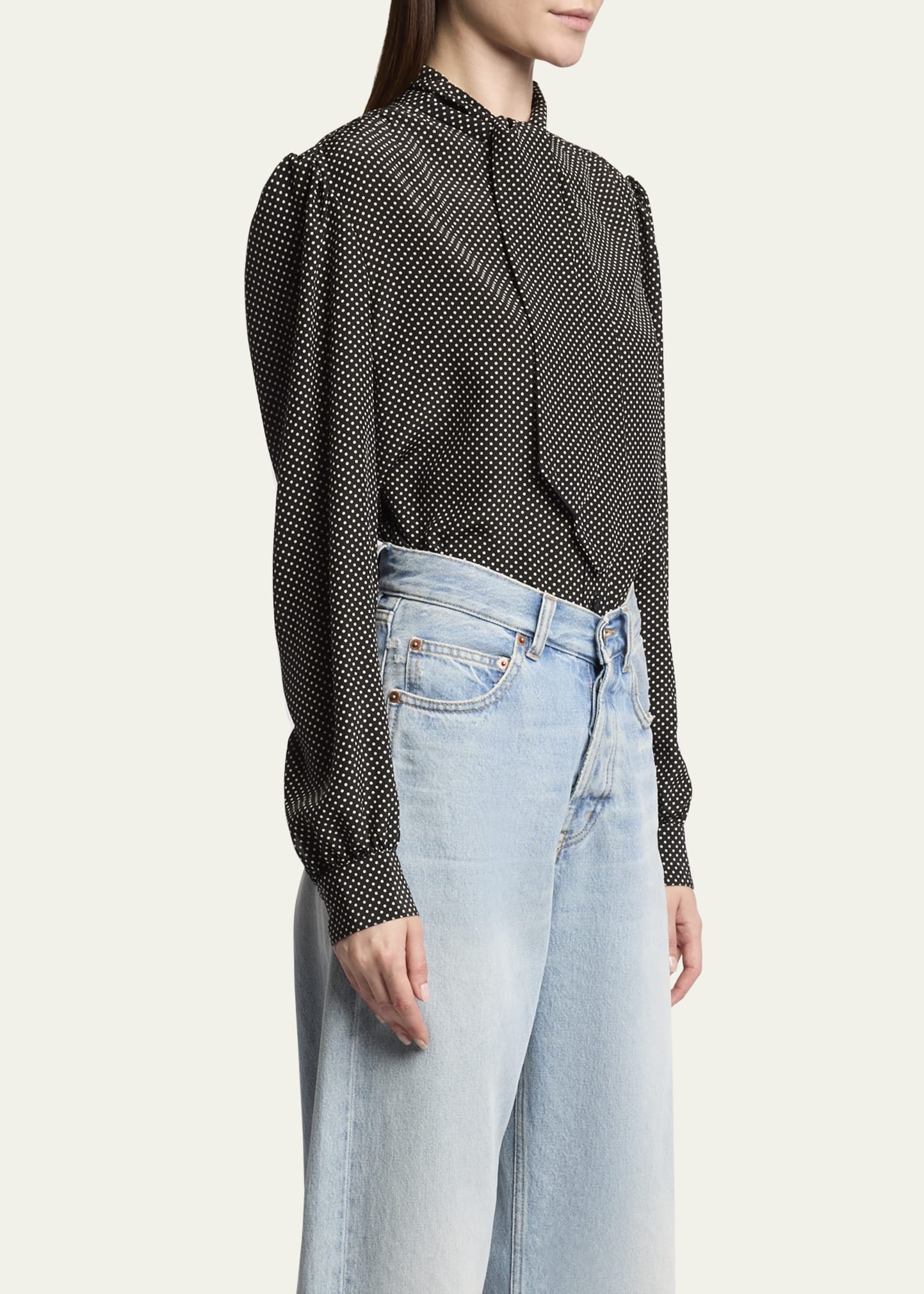 Polka Dot Tie-Neck Button Down Silk Blouse - 4