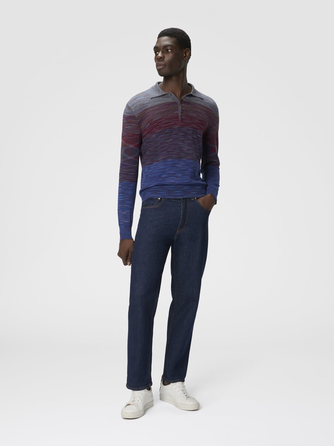 Long Sleeve Polo in Pure Wool with Flame Pattern - 2
