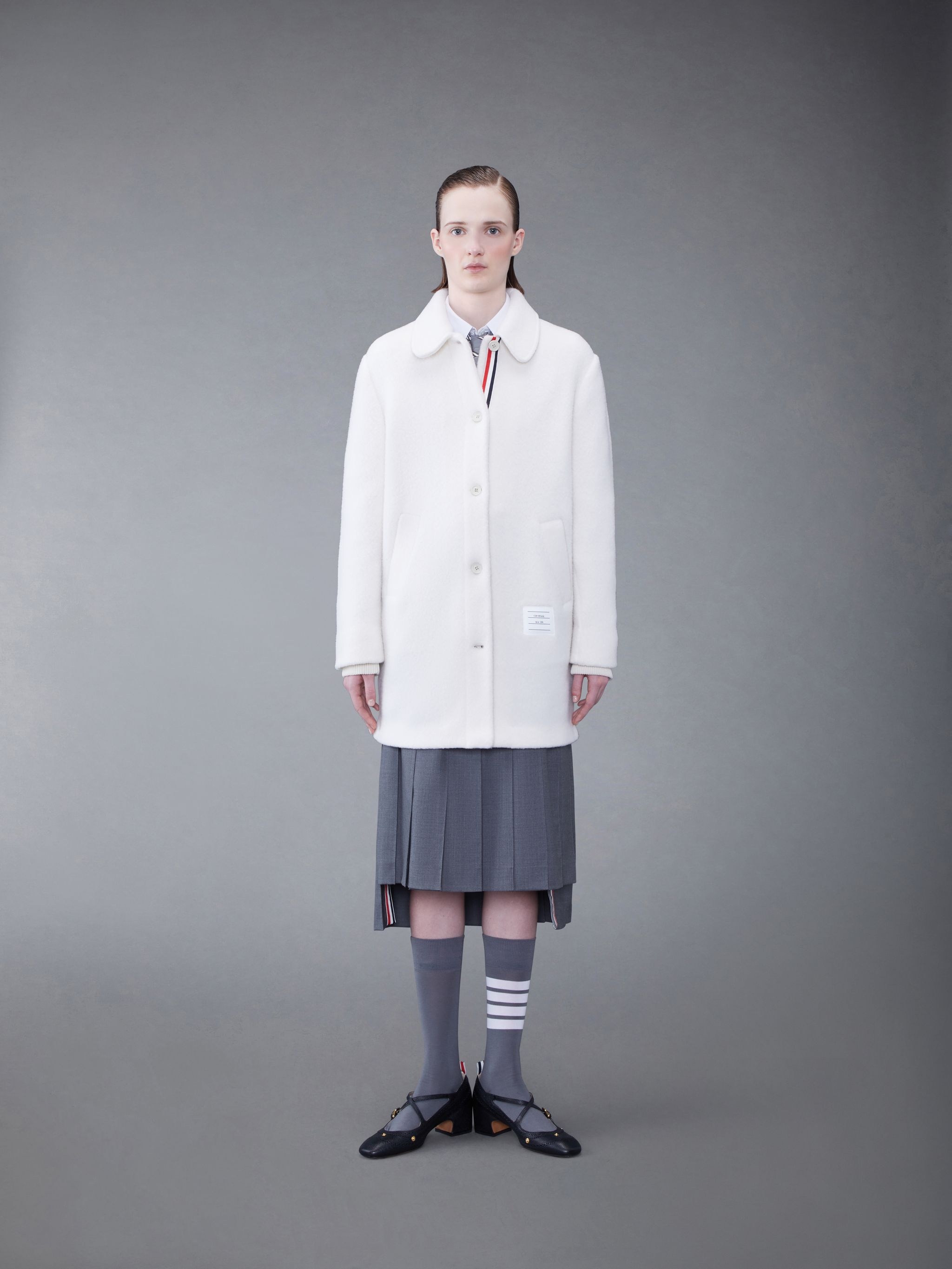 Wool Fleece Stripe Round Collar Overcoat - 1