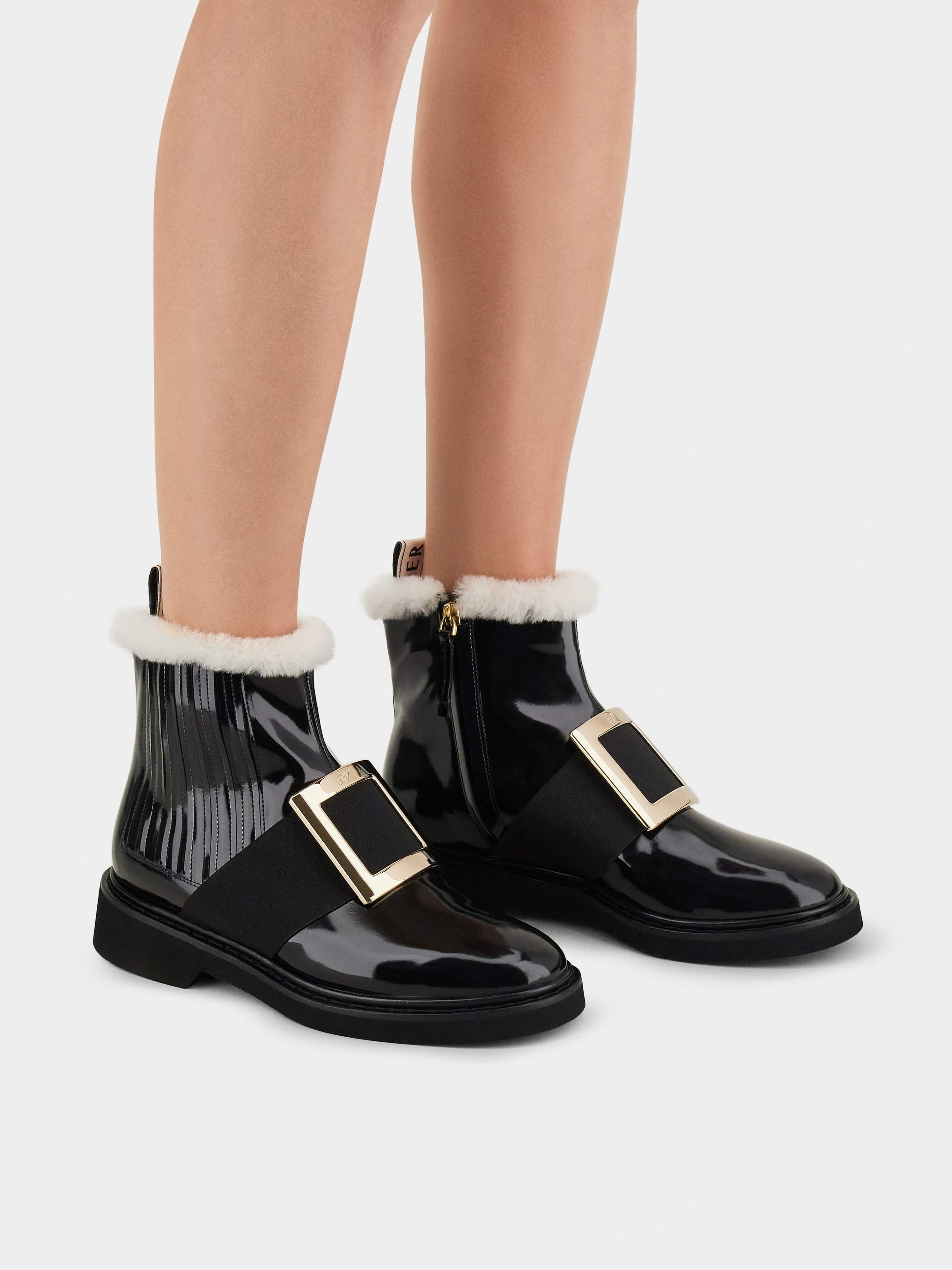 Viv' Rangers Metal Buckle Fur Booties in Patent Leather - 8