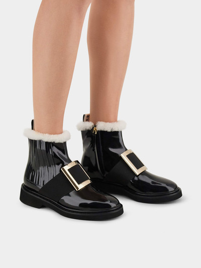 Roger Vivier Viv' Rangers Metal Buckle Fur Booties in Patent Leather outlook