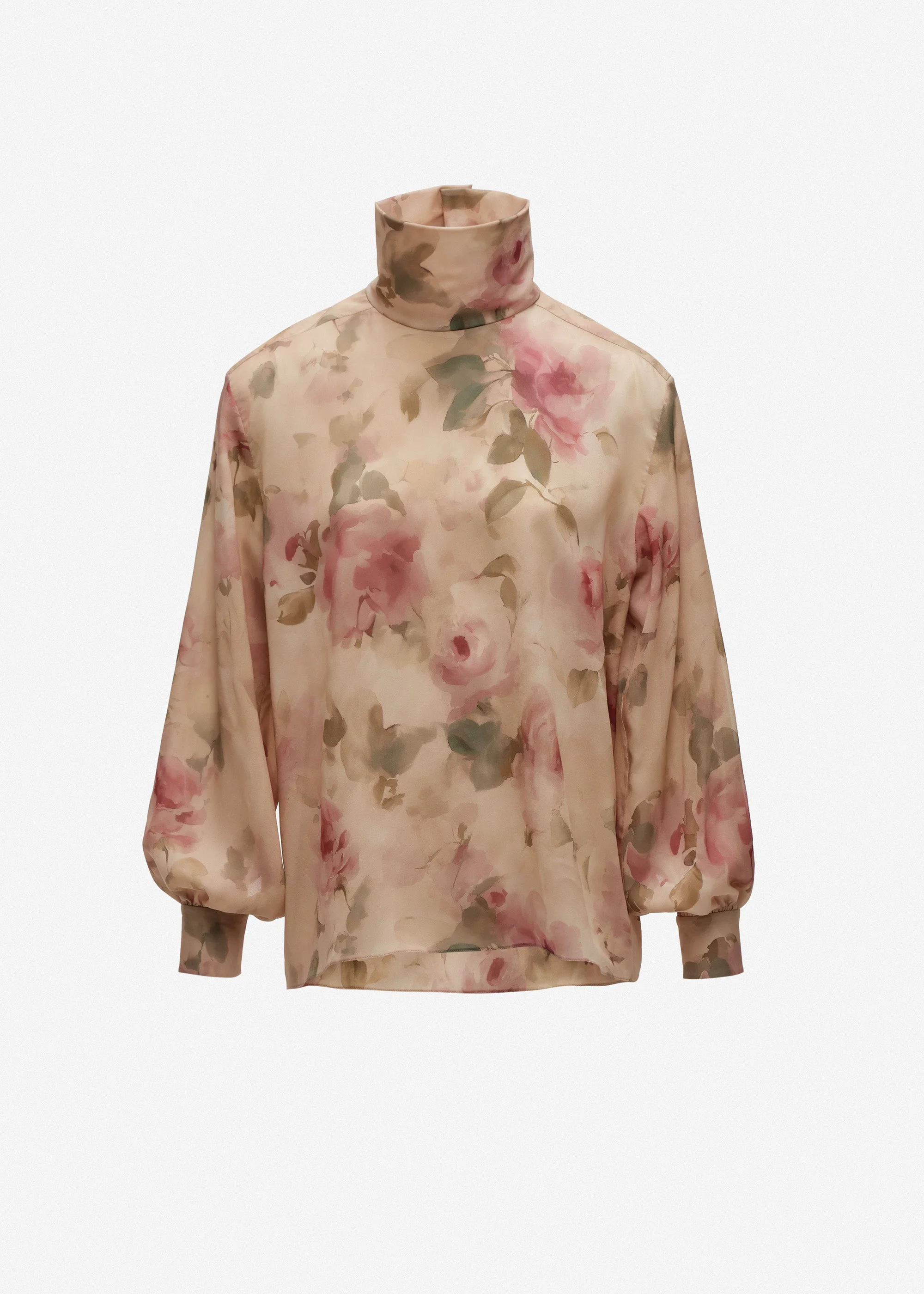Silk floral high-neck blouse in beige print - 1