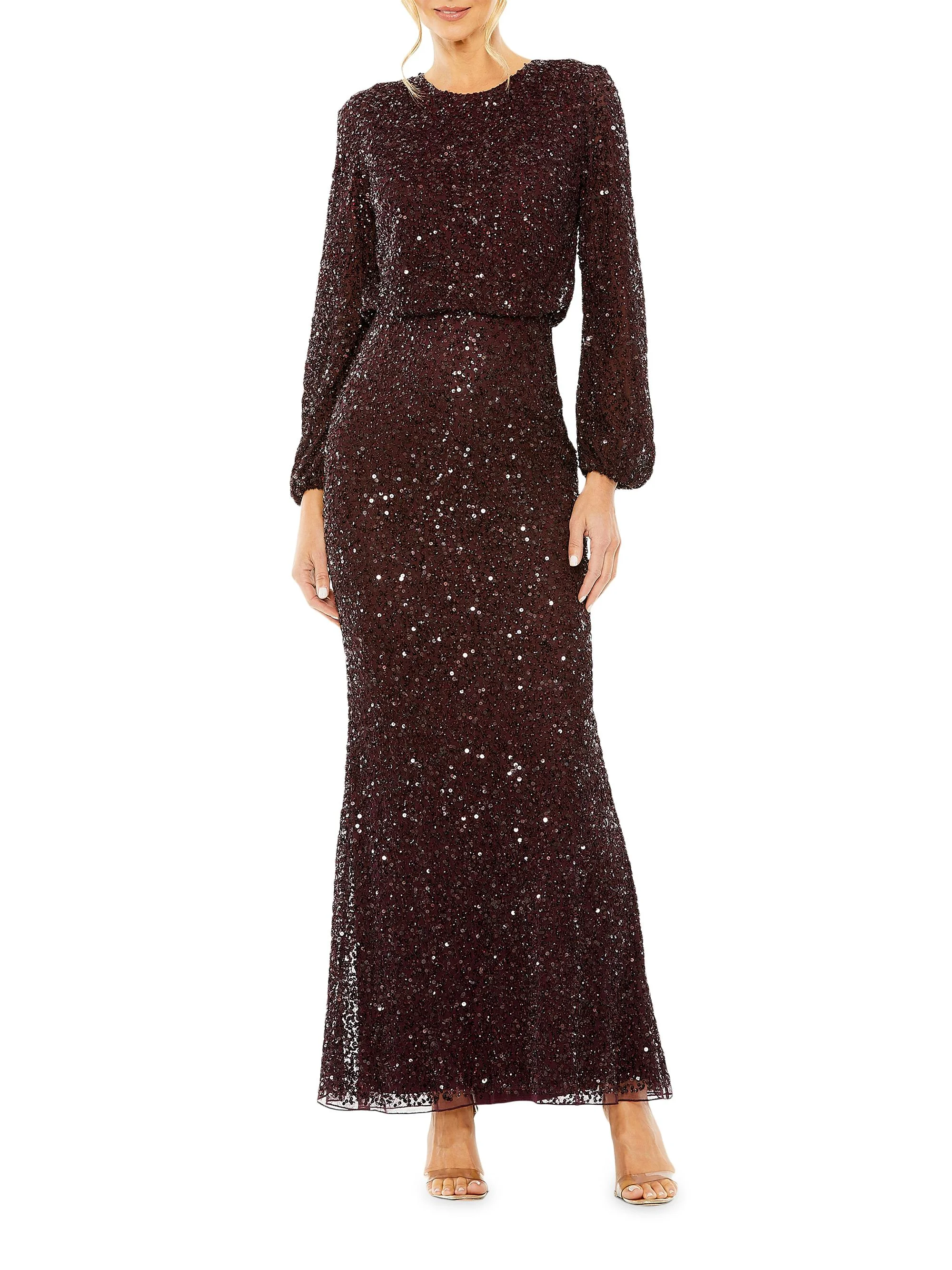 Women's Sequined Blouson Column Gown - Blackberry - 1