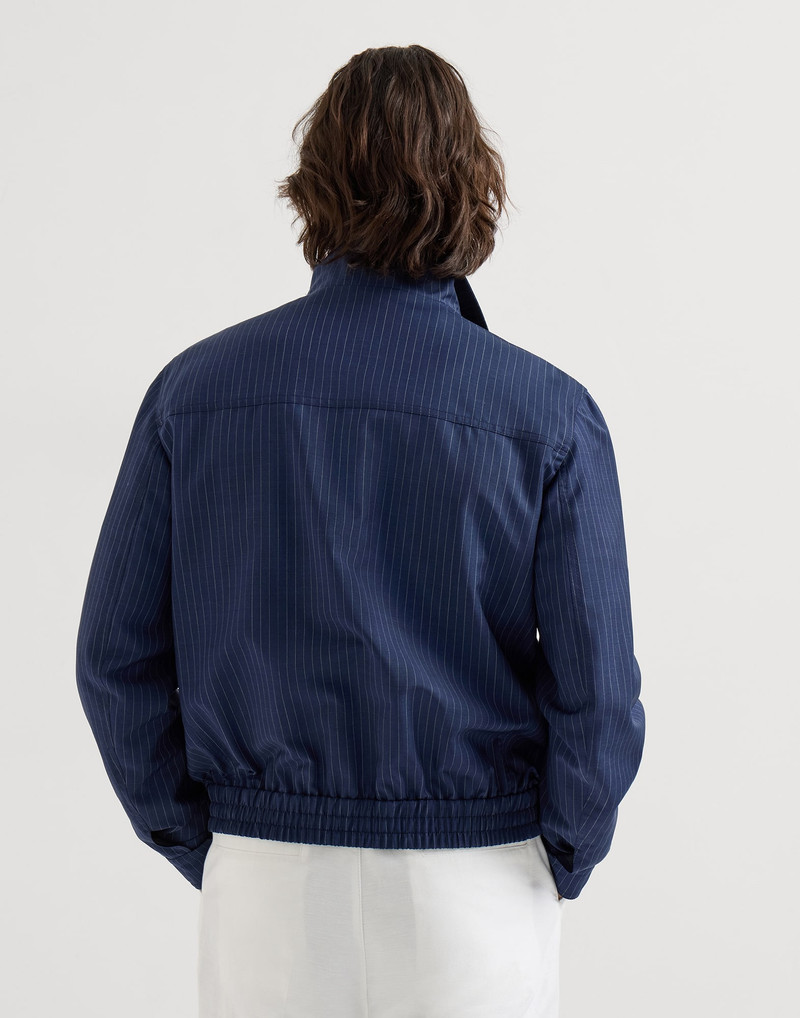 Wool and mohair pinstripe fresco outerwear jacket with stand collar 3