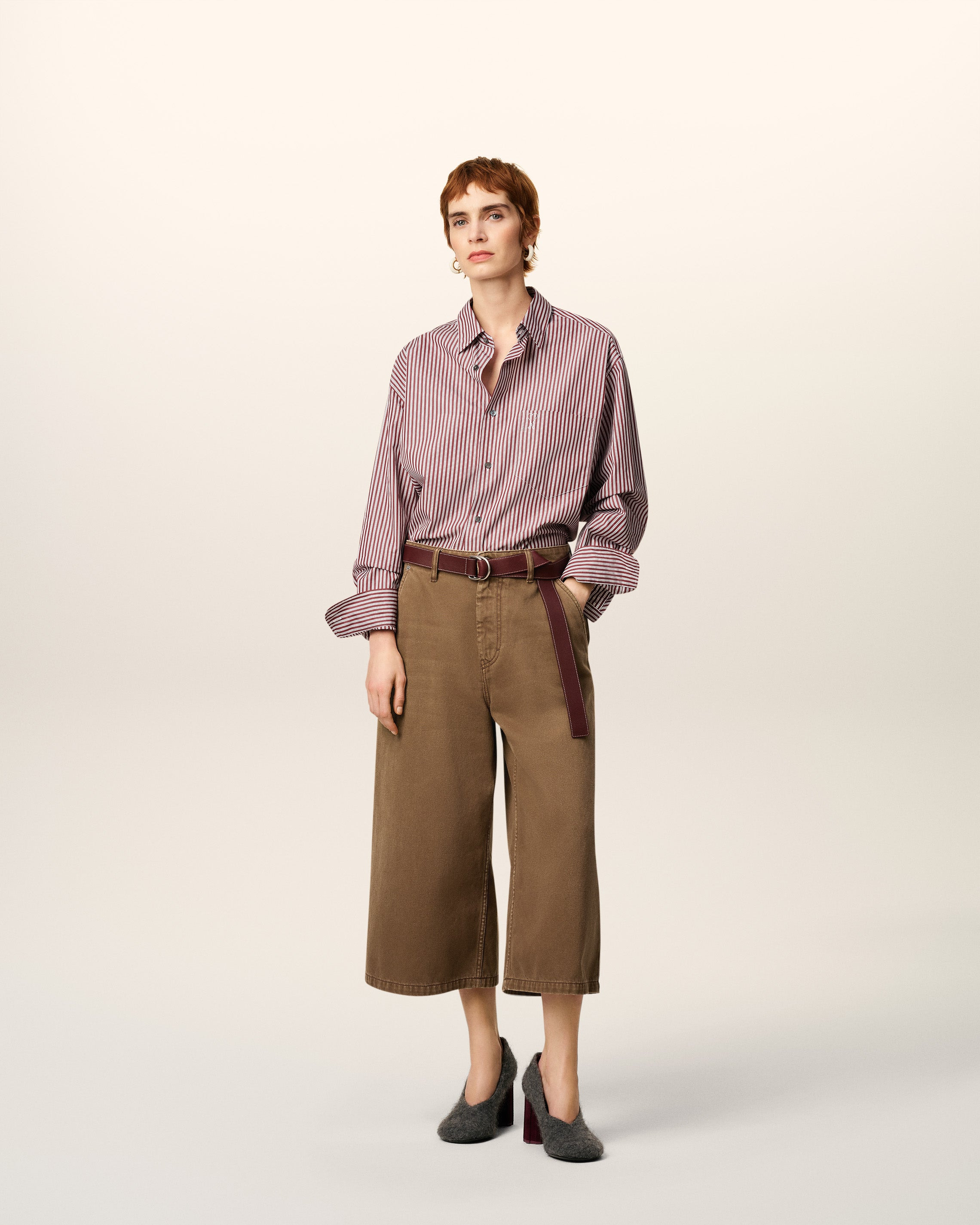 BURGUNDY COTTON EMBOSSED AMI DE COEUR STRIPED BOXY SHIRT - 2