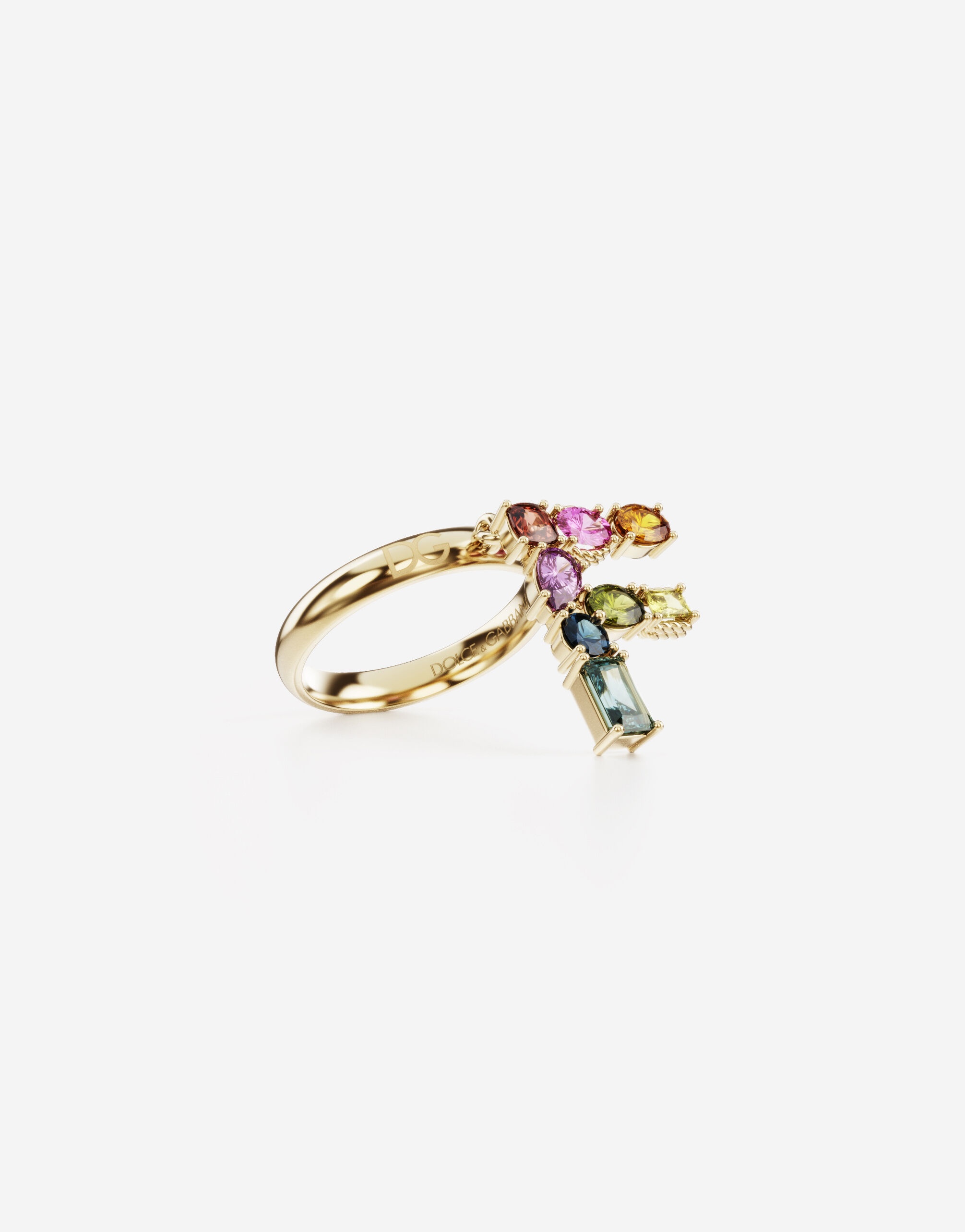 Rainbow alphabet F ring in yellow gold with multicolor fine gems - 2