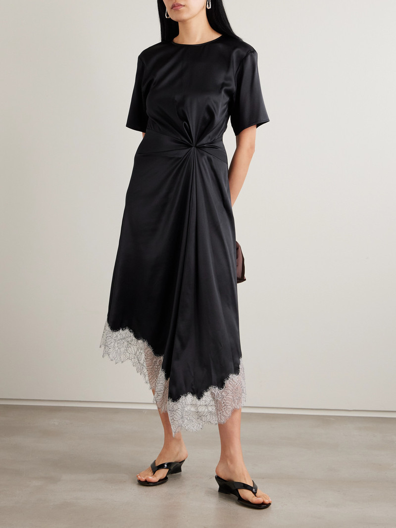 STAUD Sonoma Asymmetric Gathered Lace-trimmed Silk-blend Satin Midi Dress outlook