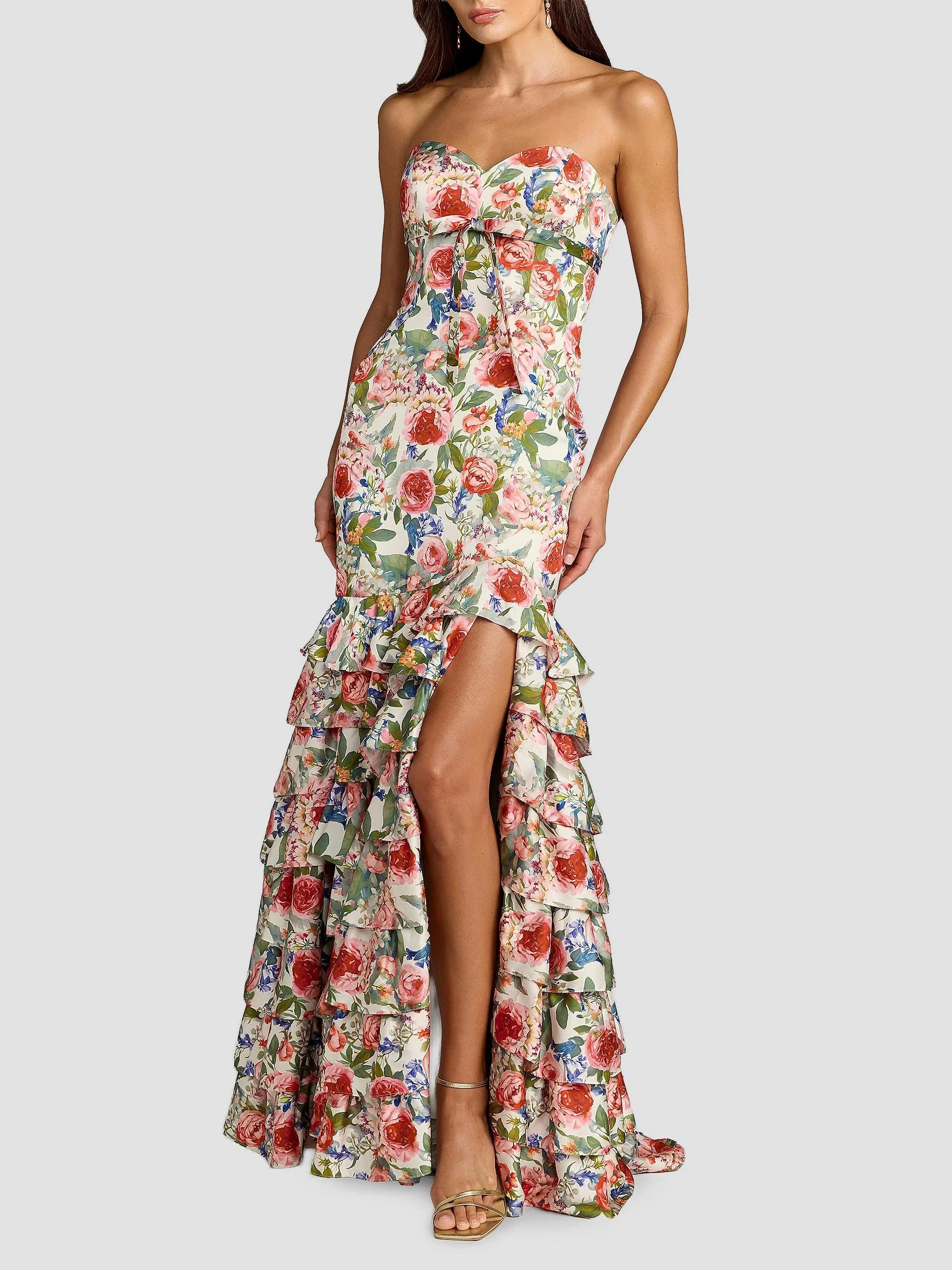 Women's Floral Charmeuse Ruffle Mermaid Gown - Ivory Multi - 1