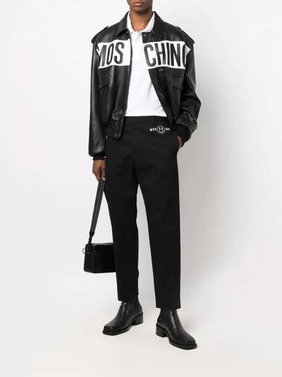 Moschino logo-print leather jacket outlook