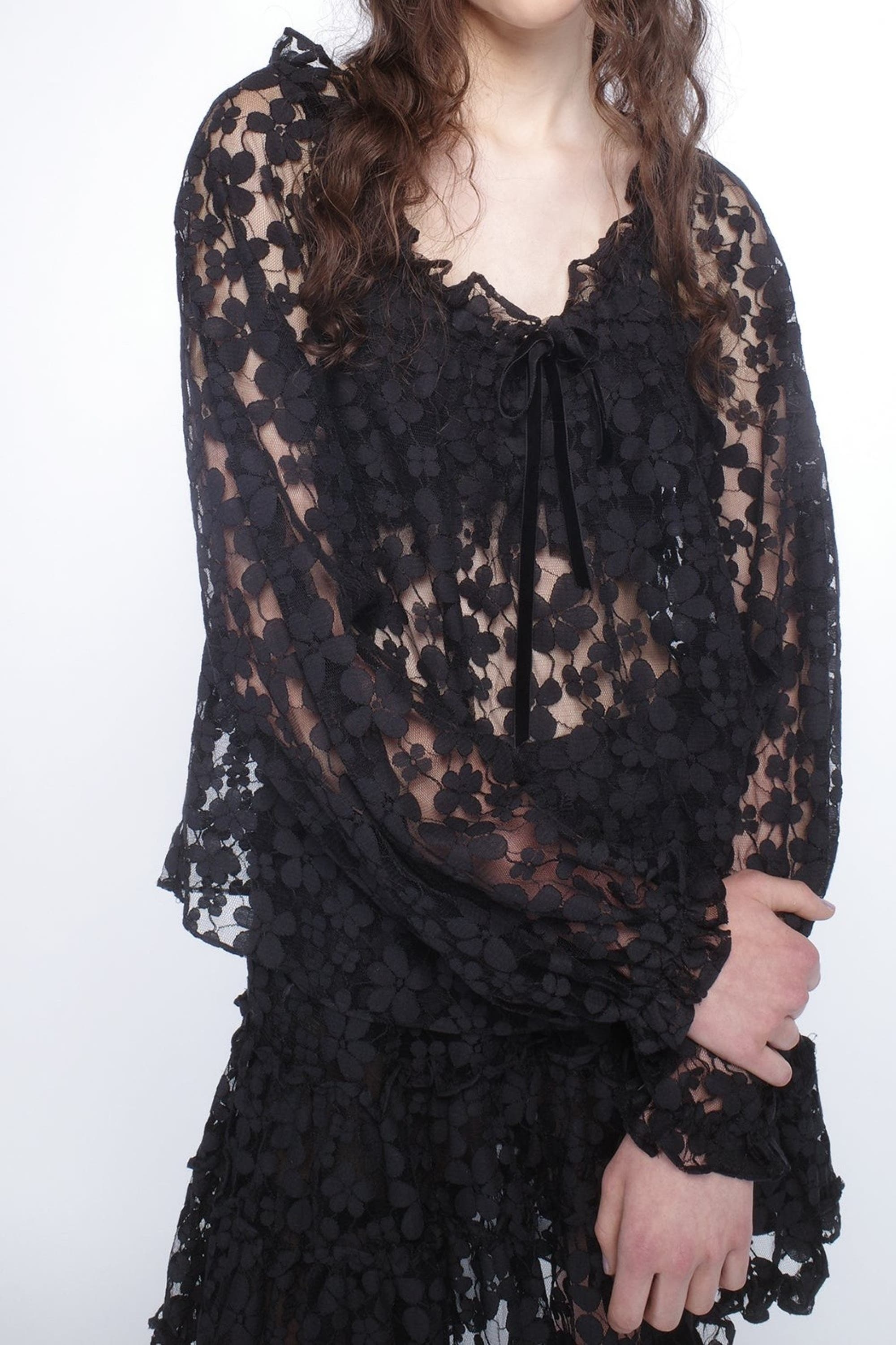 Anna Sui Shadow Blossom Tulle Elastic Lace Blouse in Black at Nordstrom - 6
