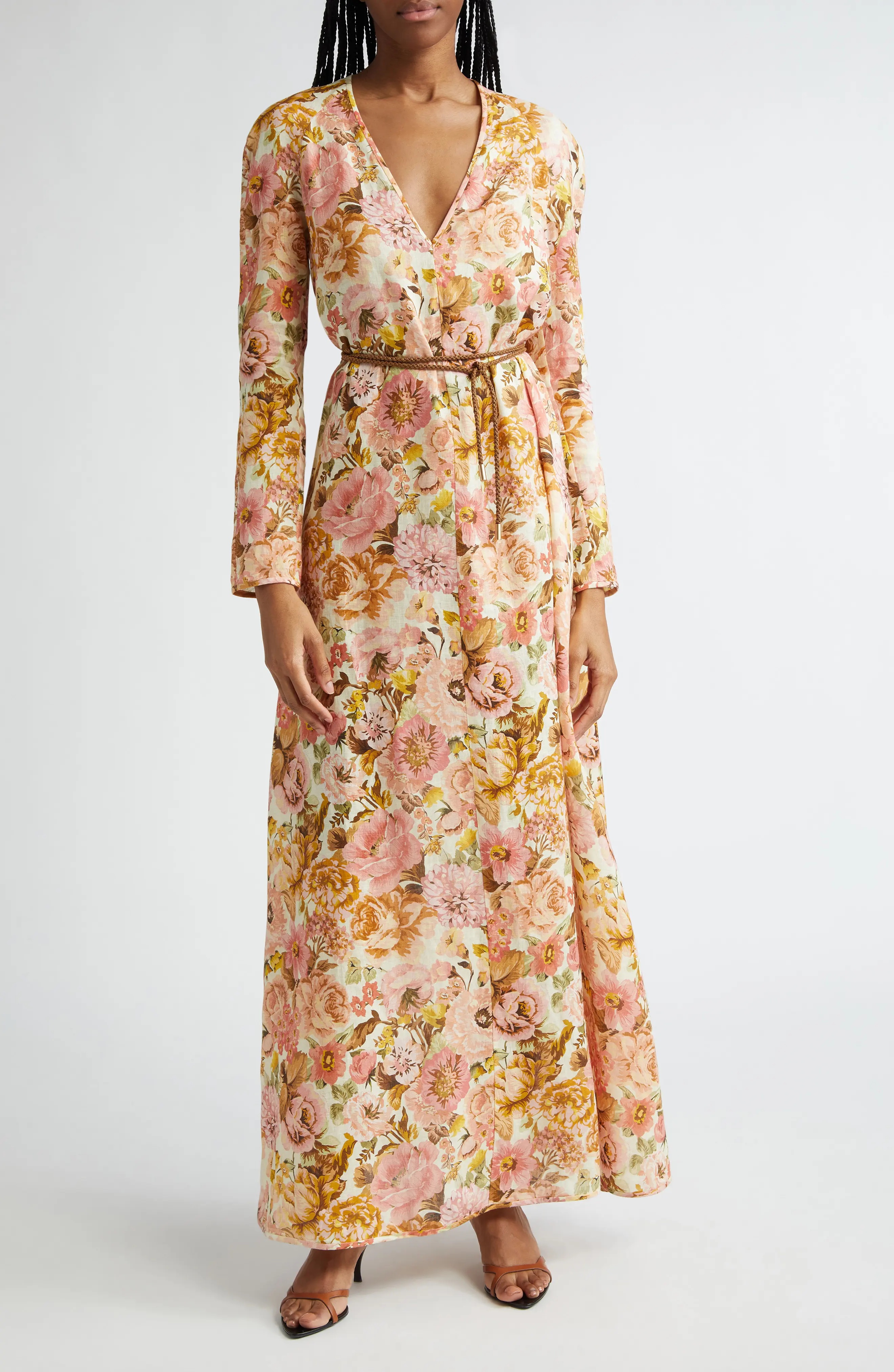 Golden Floral Print Long Sleeve Linen Maxi Dress - 1