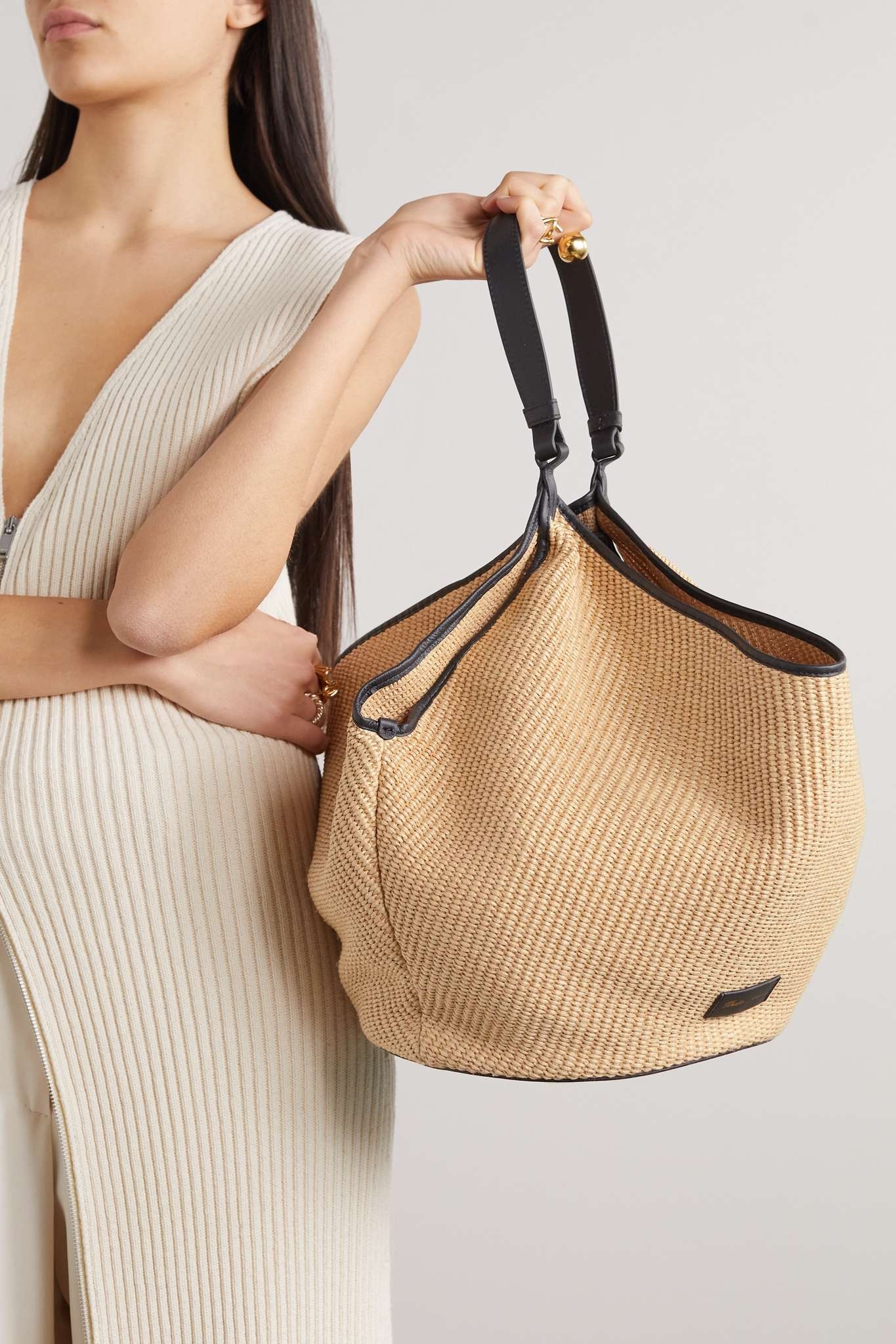 Lotus medium leather-trimmed raffia tote - 2