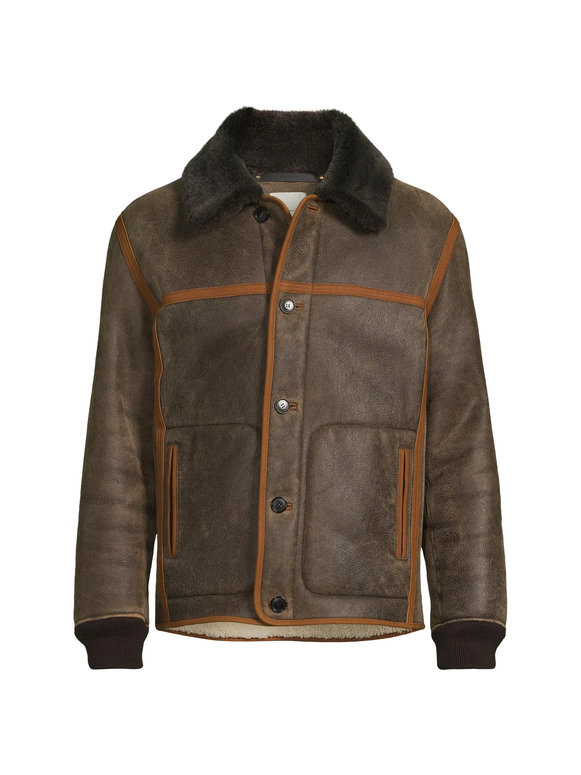 Men's Casual Fit Shearling Jacket - Dark Brown - 1