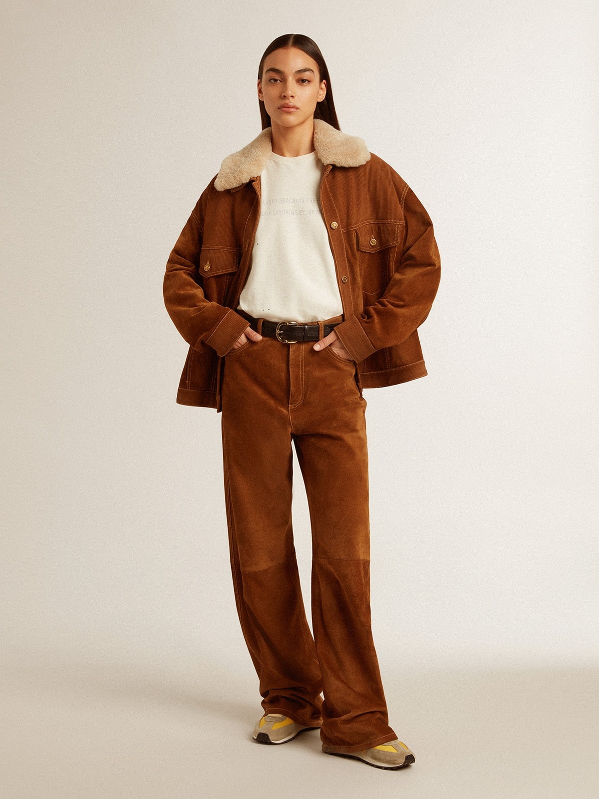 Women's tobacco-colored split leather pants - 4