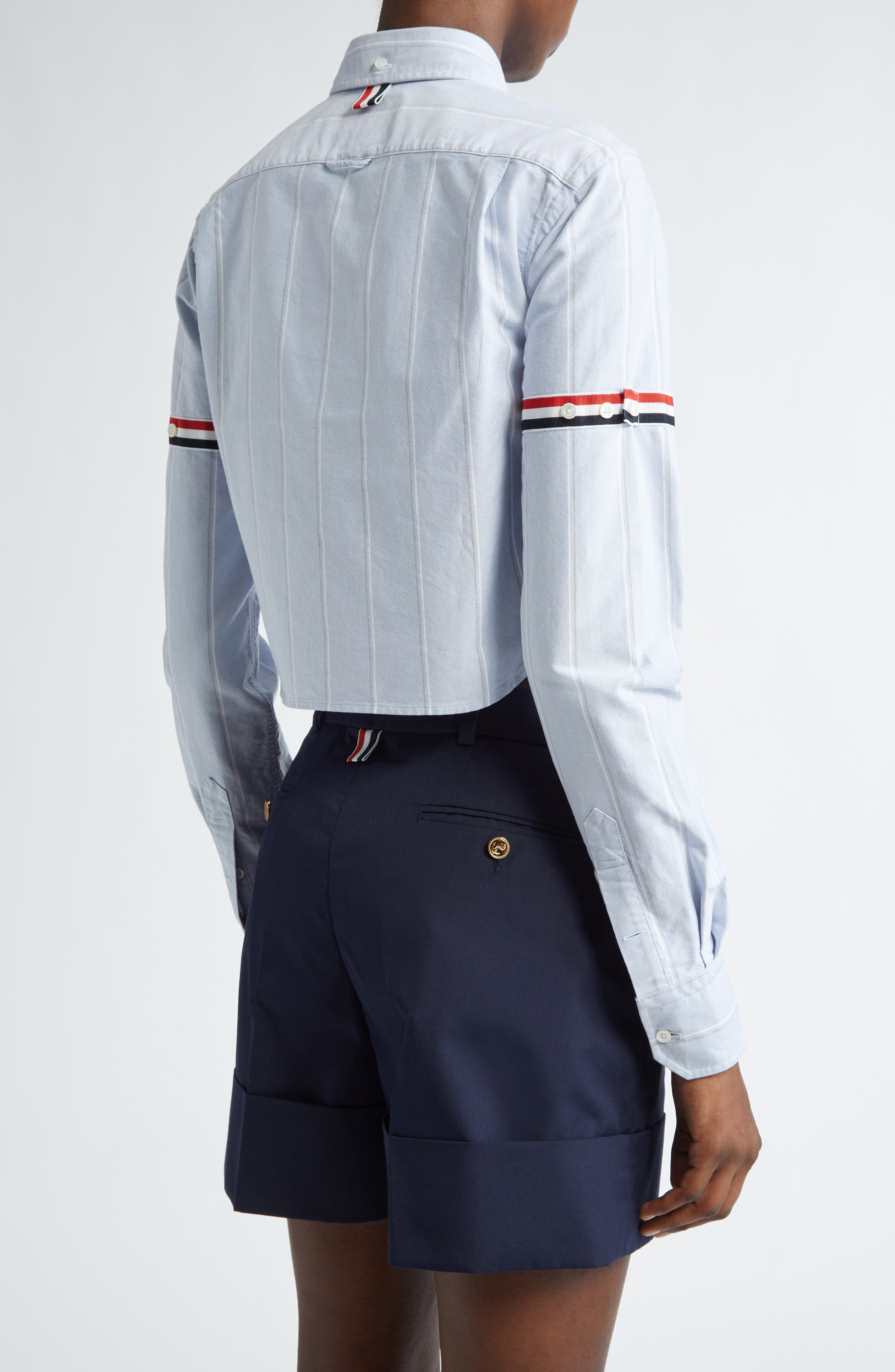 Armband Stripe Cotton Poplin Crop Button-Down Shirt - 3