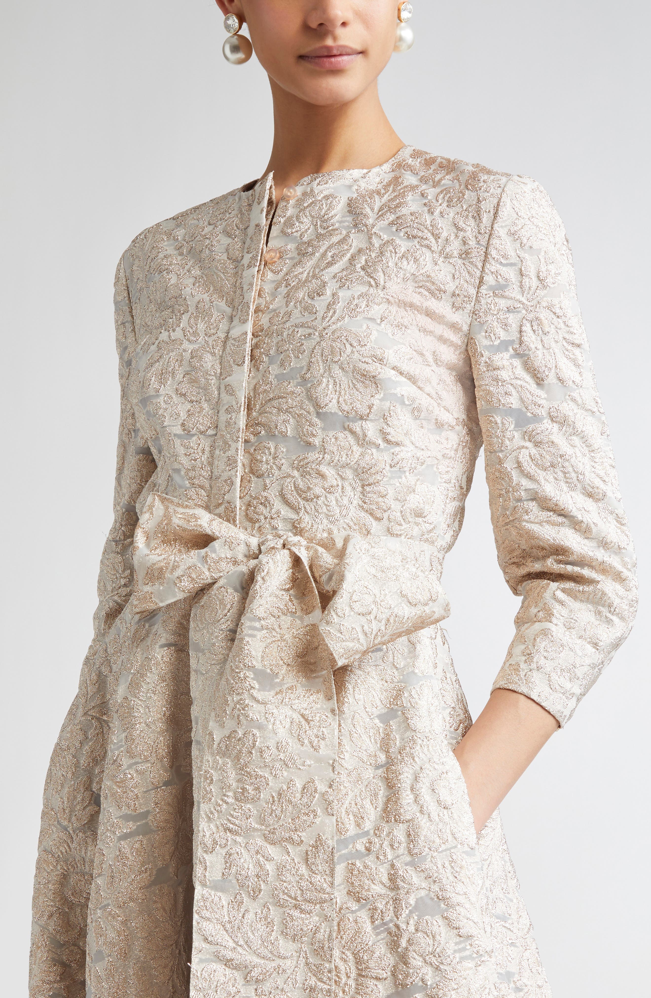 Carolina Herrera Metallic Floral Jacquard Trench Midi Dress in Gold at Nordstrom - 4