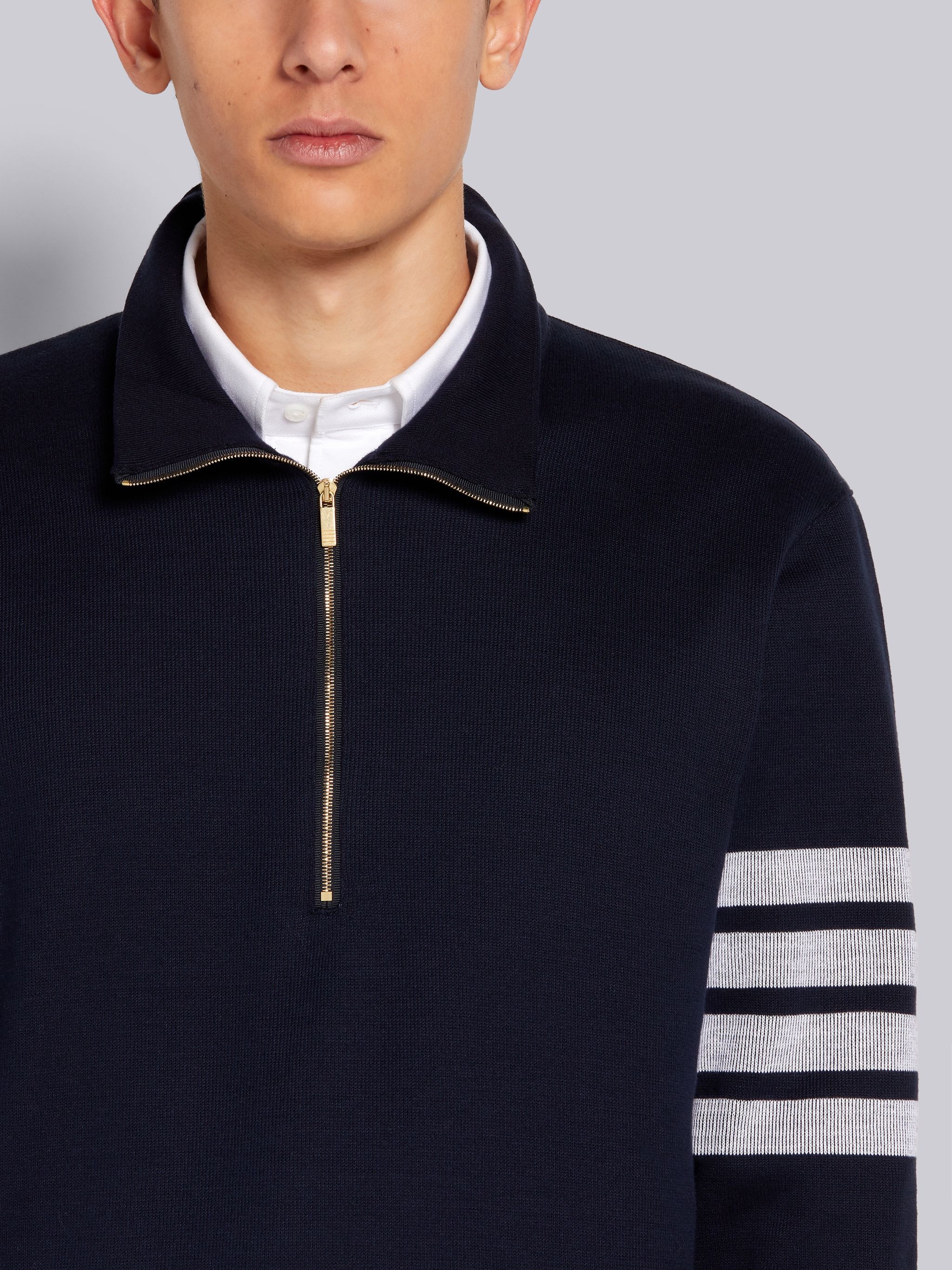 Navy Double Face Cotton Knit 4-Bar Stripe Half Zip Funnel Neck Pullover - 5