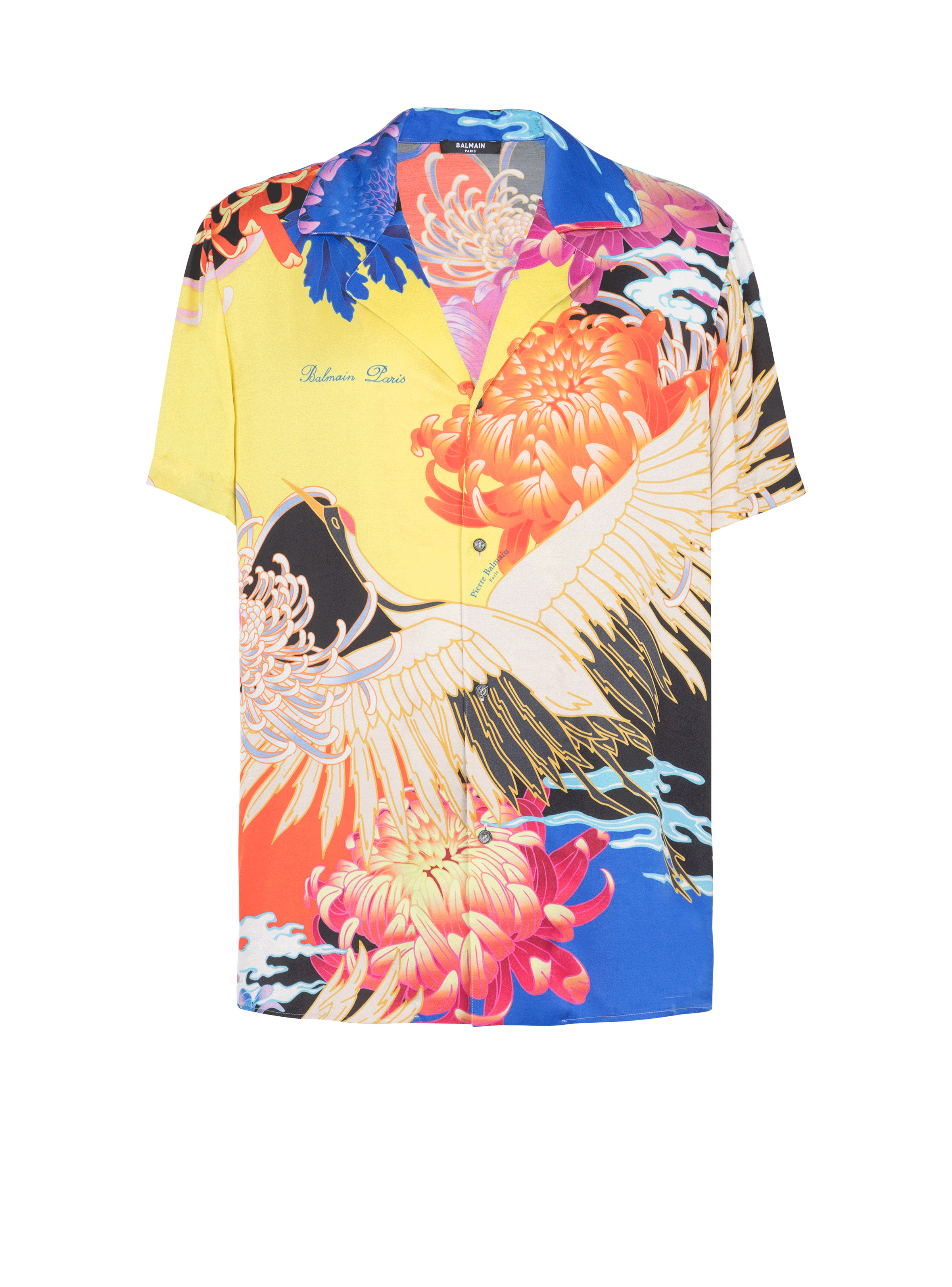 Short-sleeved satin shirt with Crane print - 1