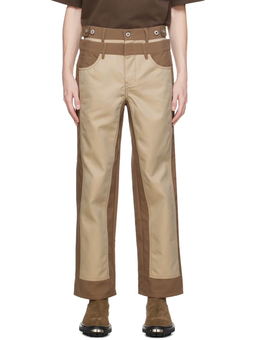 Brown & Beige Paneled Trousers - 1