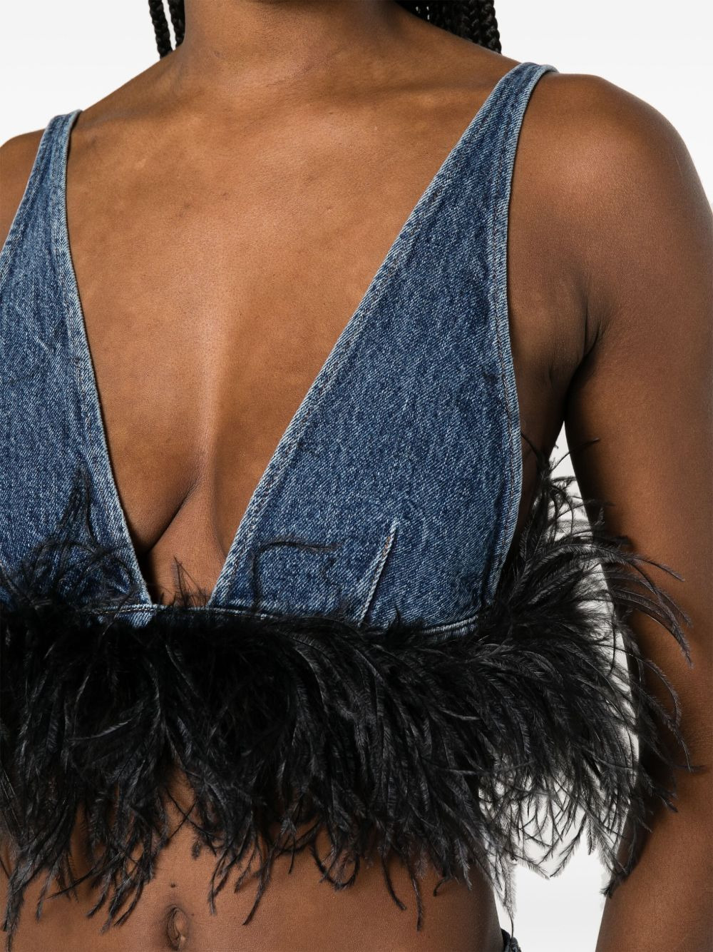feather-trim denim top - 5