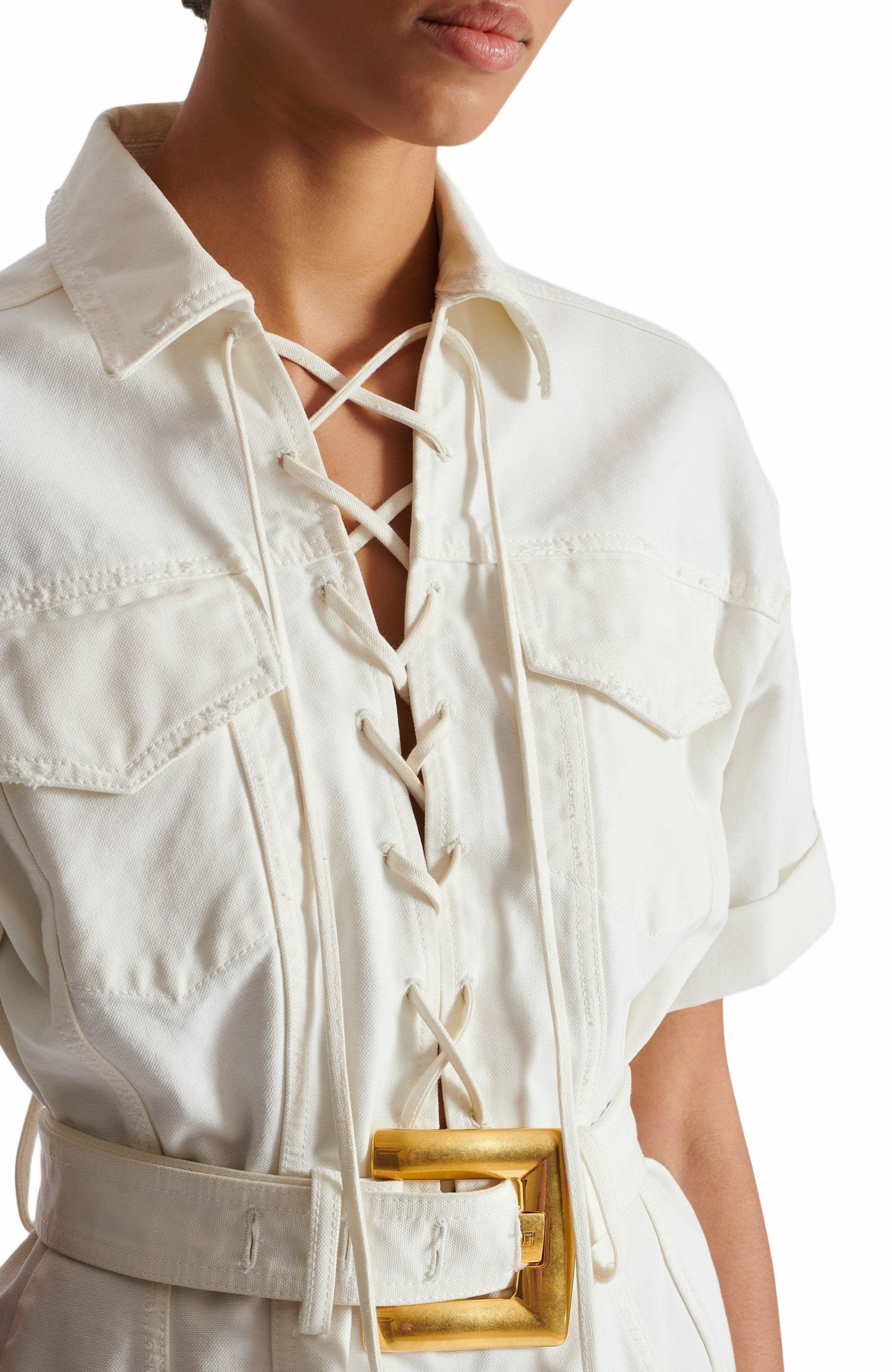 Balmain Short lace-up canvas dress in White at Nordstrom - 7