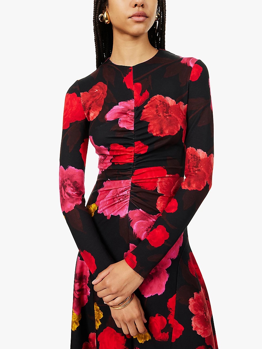 Floral-print ruched stretch-woven jersey midi dress - 5