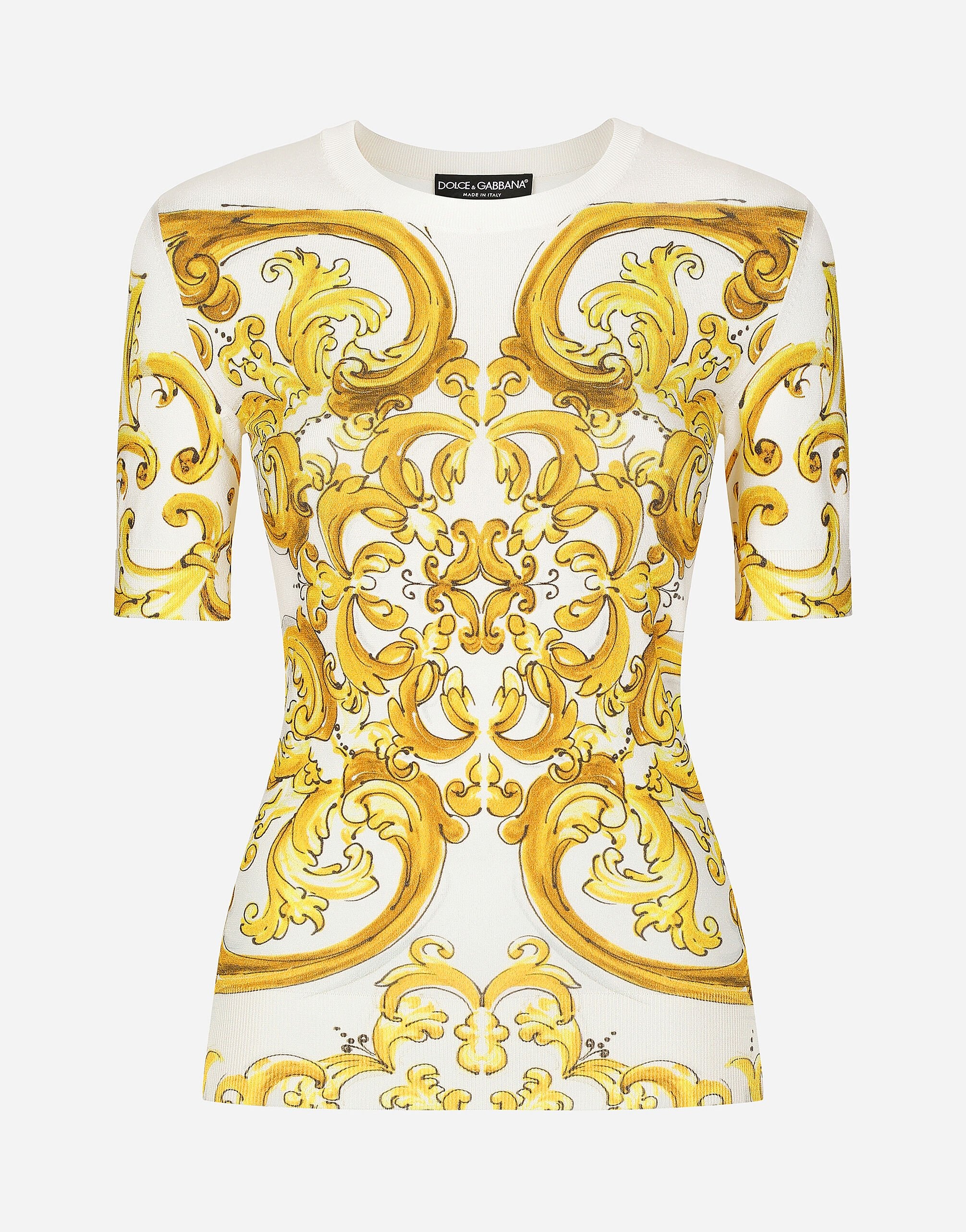 Short-sleeved majolica-print stretch viscose sweater - 1