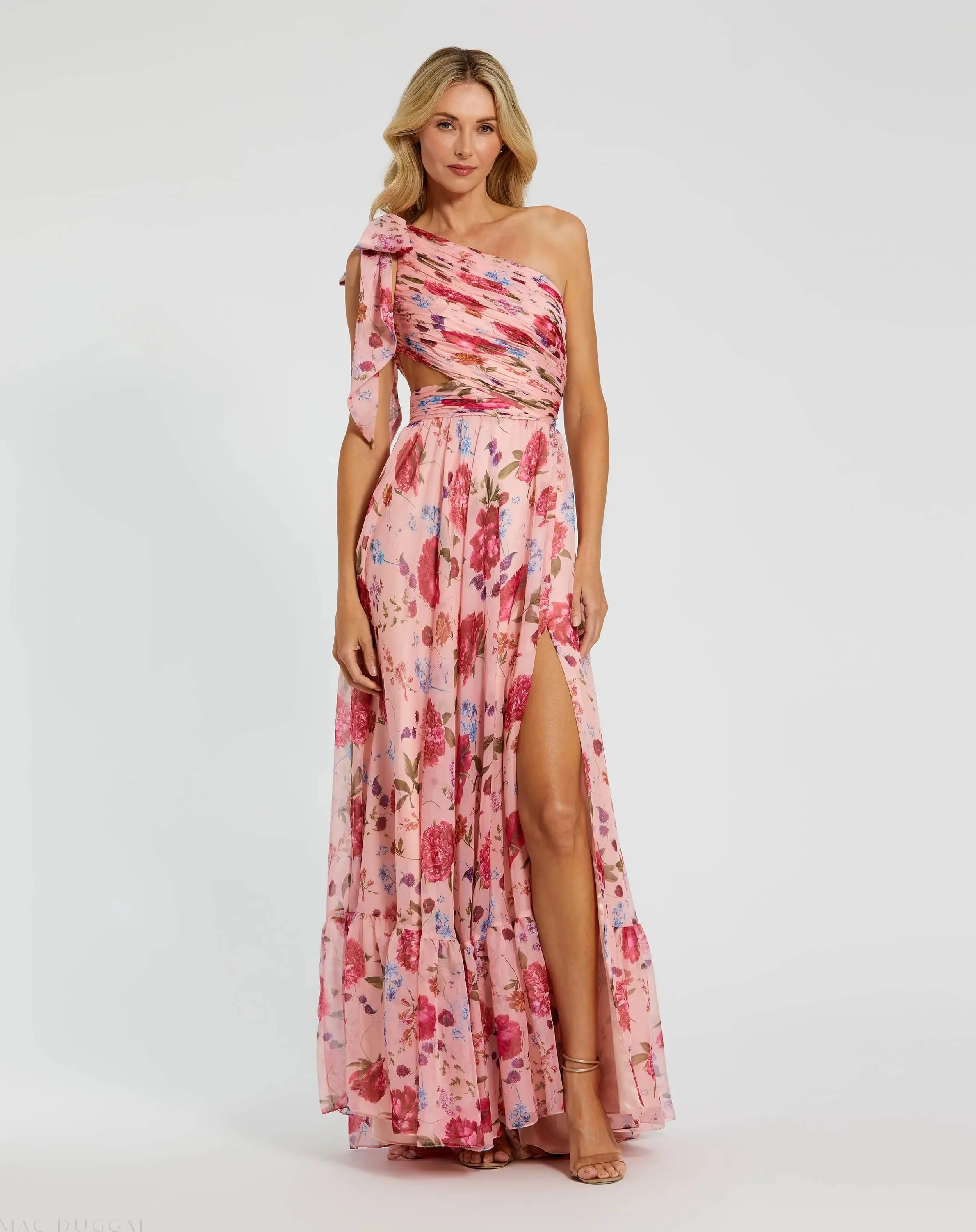 Blush Multi Floral Chiffon One Shoulder Cut Out Gown - 1