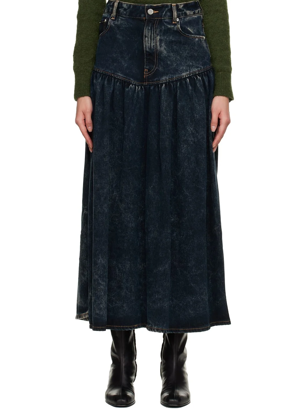Black Washed Denim Midi Skirt - 1
