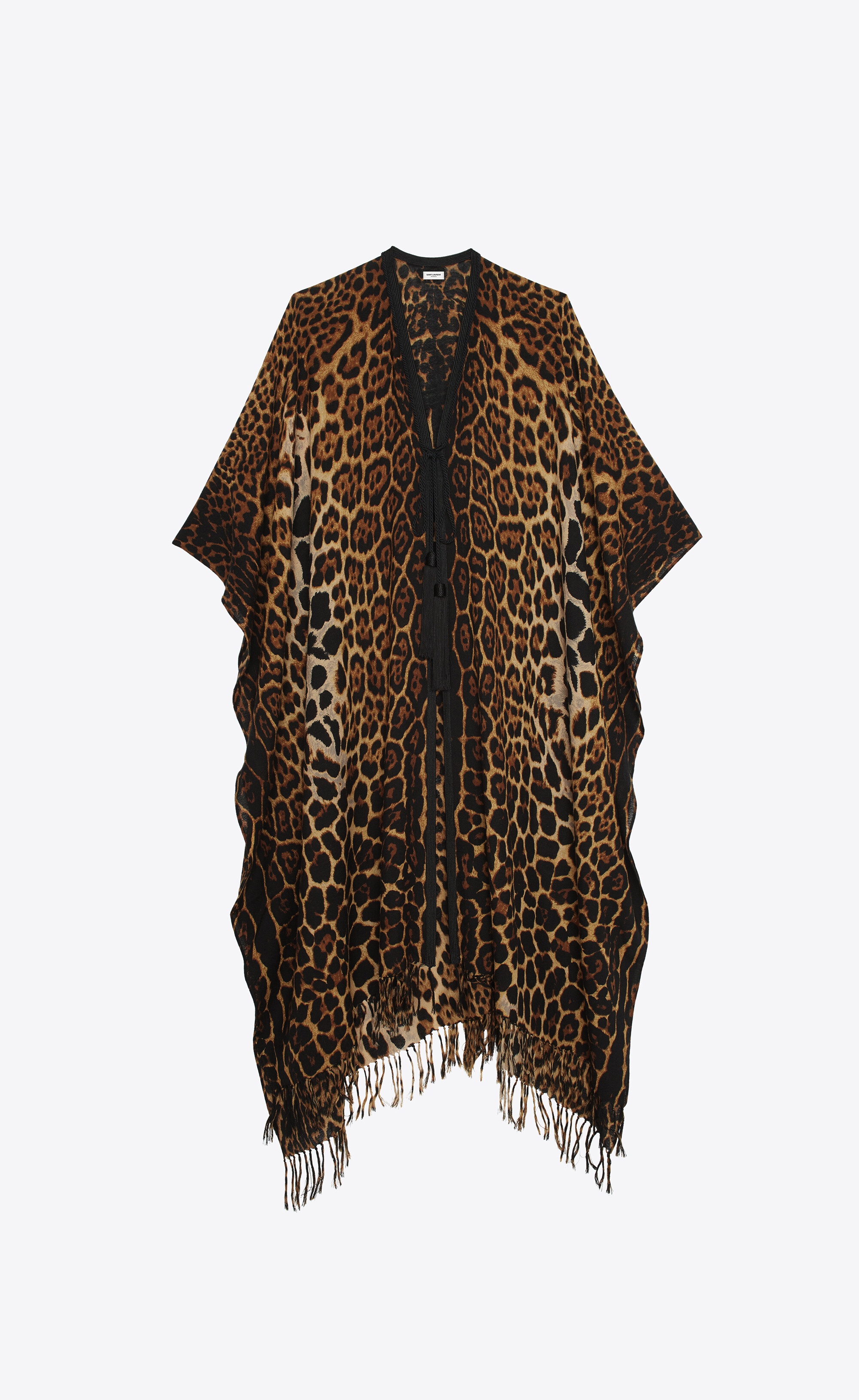 fringed leopard-print poncho in wool canvas - 1