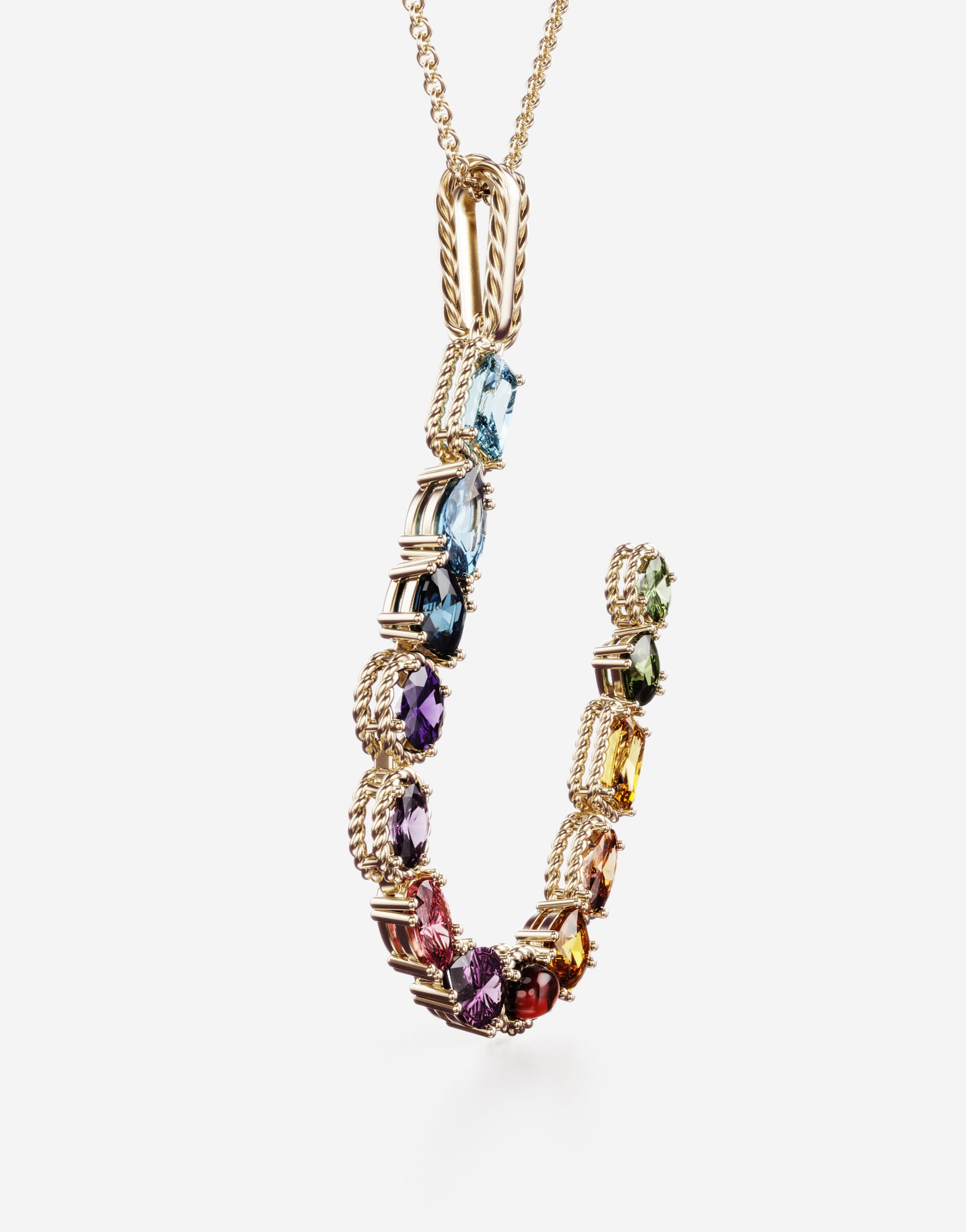 Rainbow alphabet U pendant in yellow gold with multicolor fine gems - 3