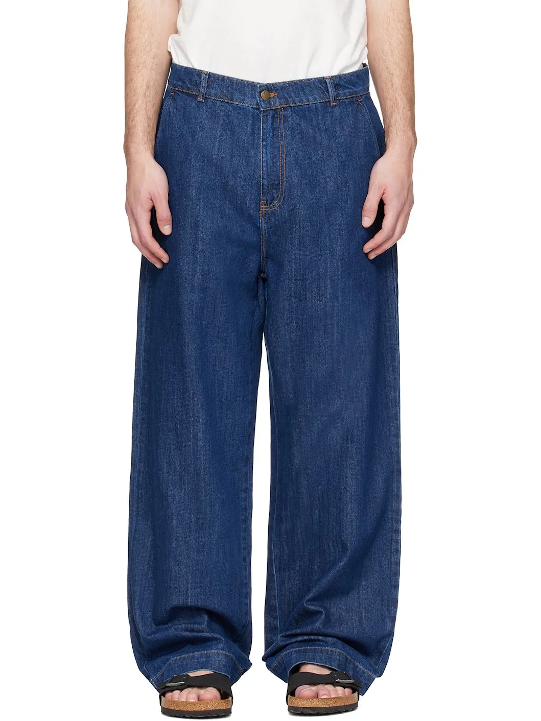 Blue 1940s Cotton Denim High Rise Wide Leg Chino Jeans - 1