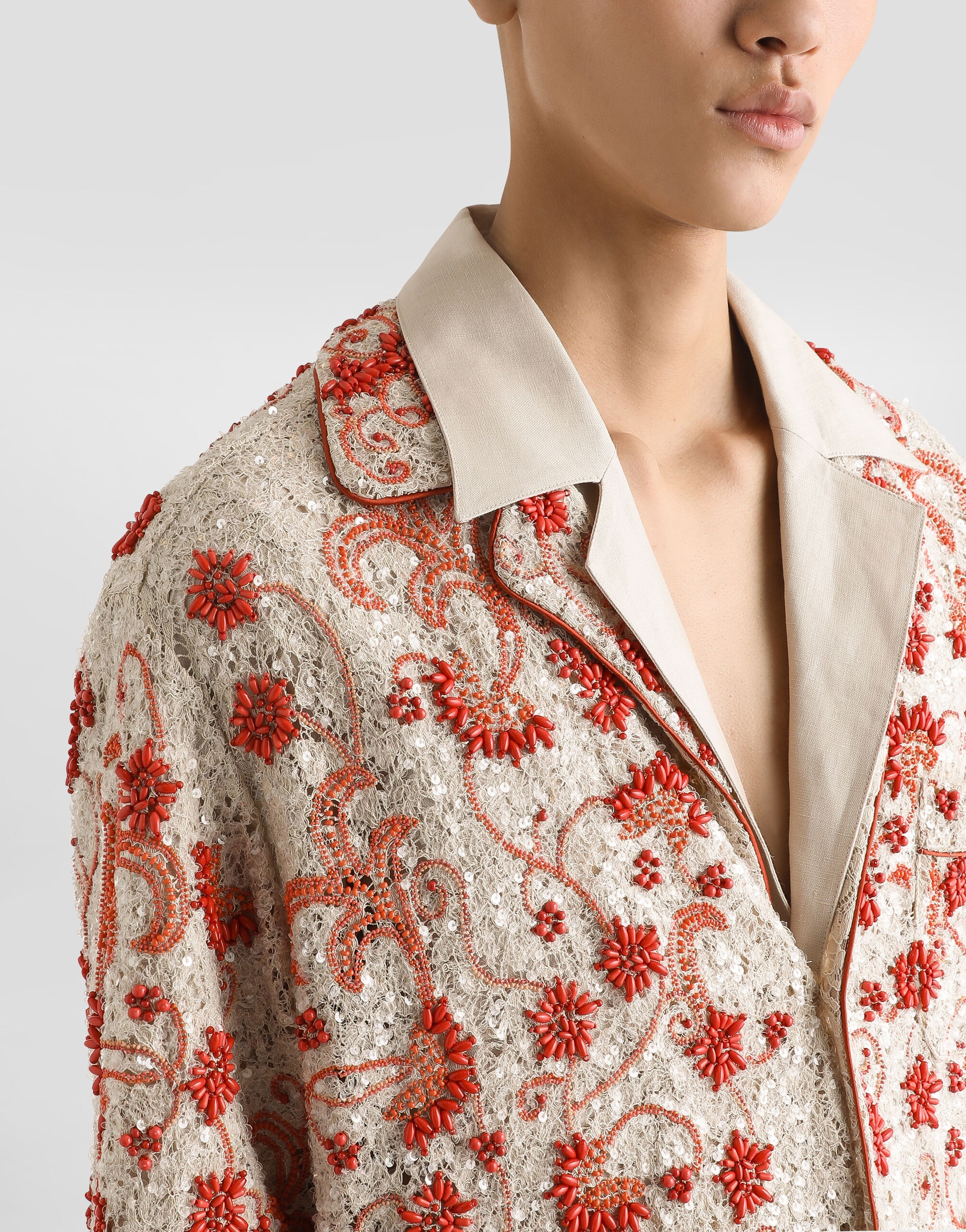 Long-sleeved lace shirt with coral embroidery - 4