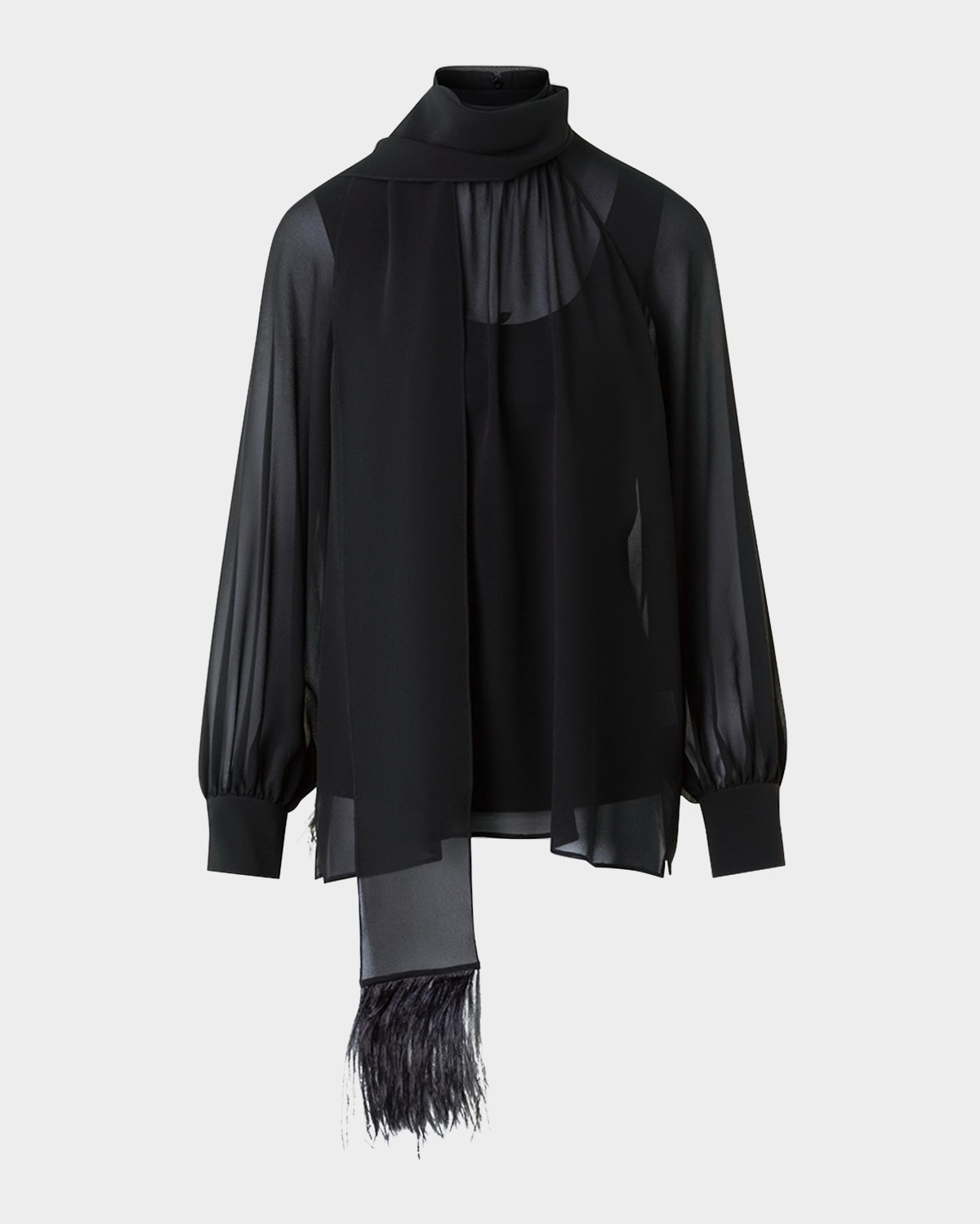 Feather-Trim Scarf Silk Georgette Blouse - 1