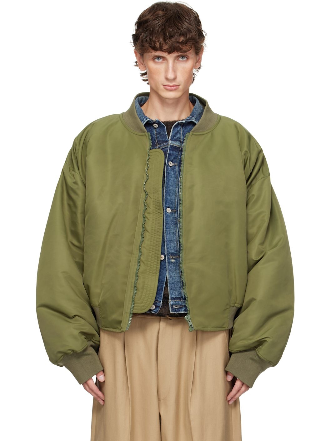 Khaki Nylon Bomber Jacket - 1