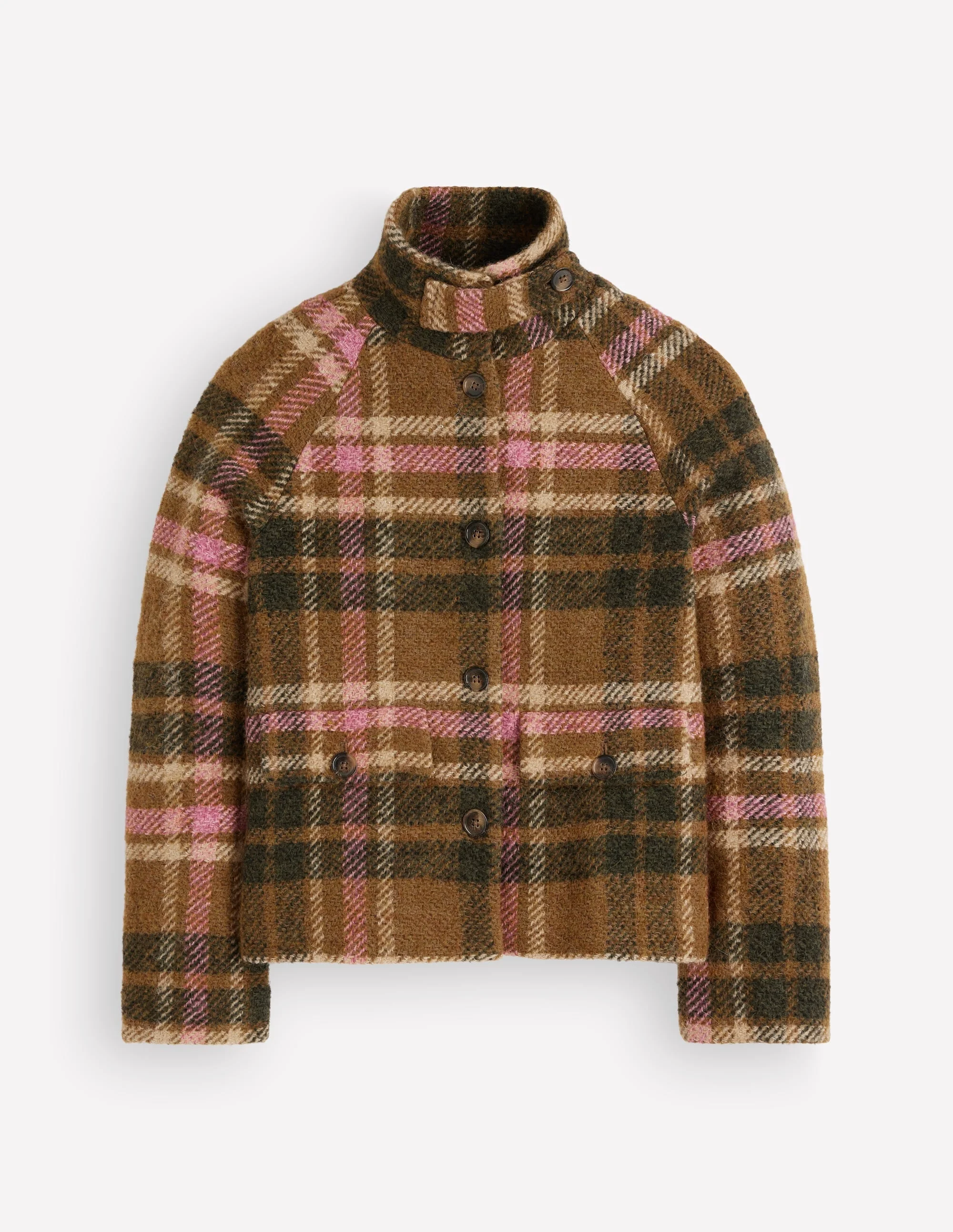 Short Funnel Neck Wool Coat-Green and Pink Check - 1