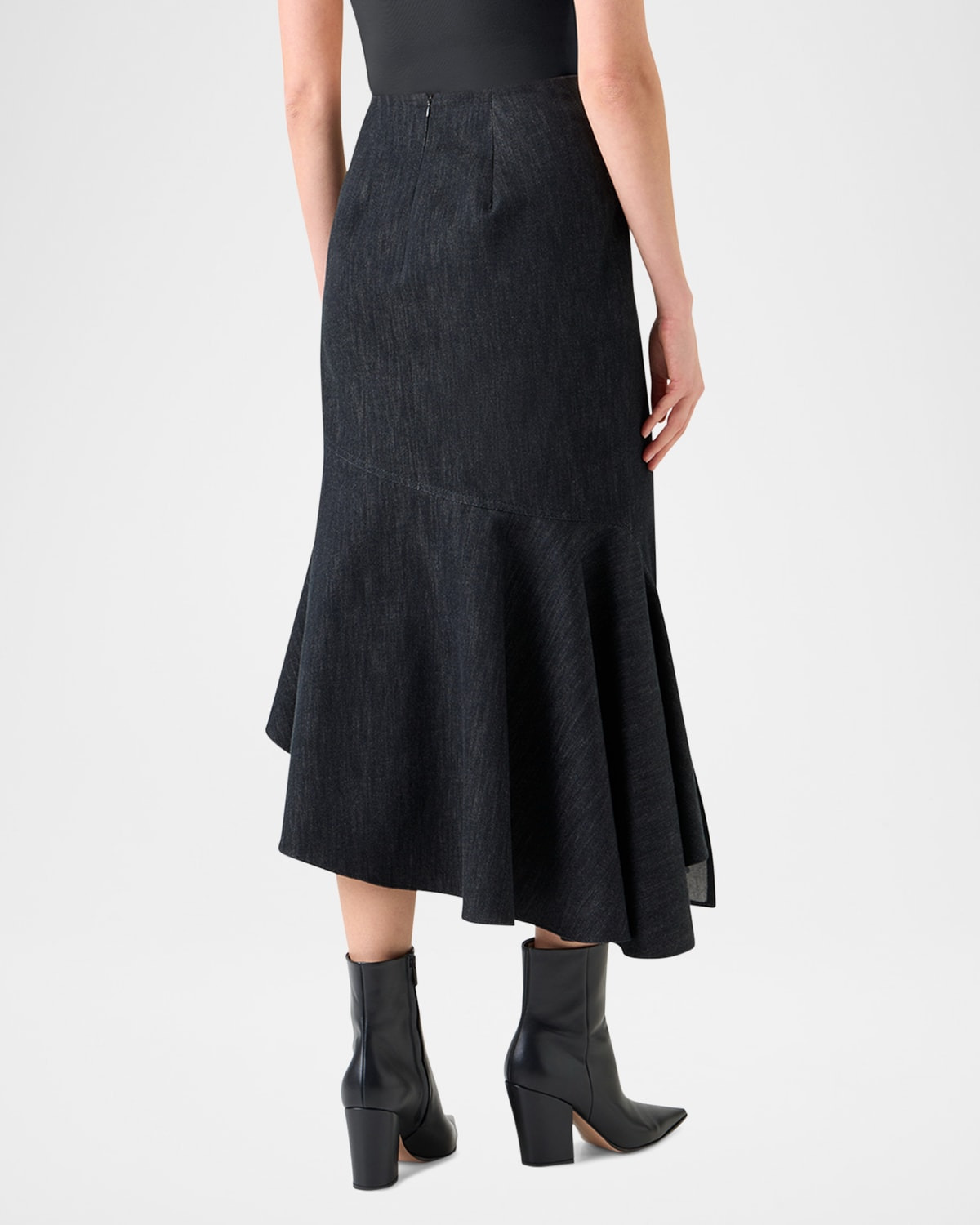 Asymmetric Flared-Hem Stretch Denim Midi Skirt - 3
