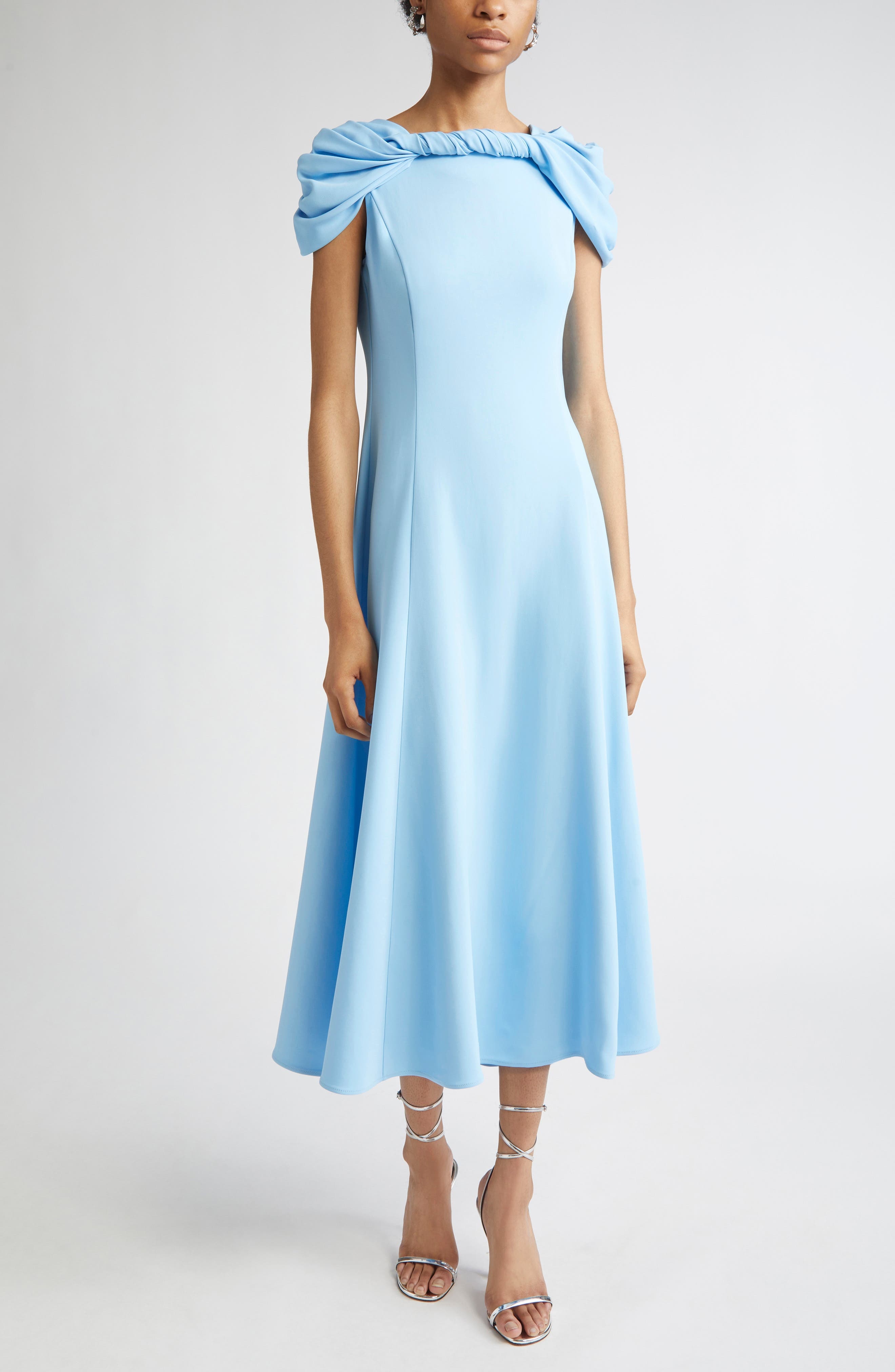Oscar de la Renta Twist Detail Cap Sleeve Stretch Cady Midi Dress in Baby Blue at Nordstrom - 1