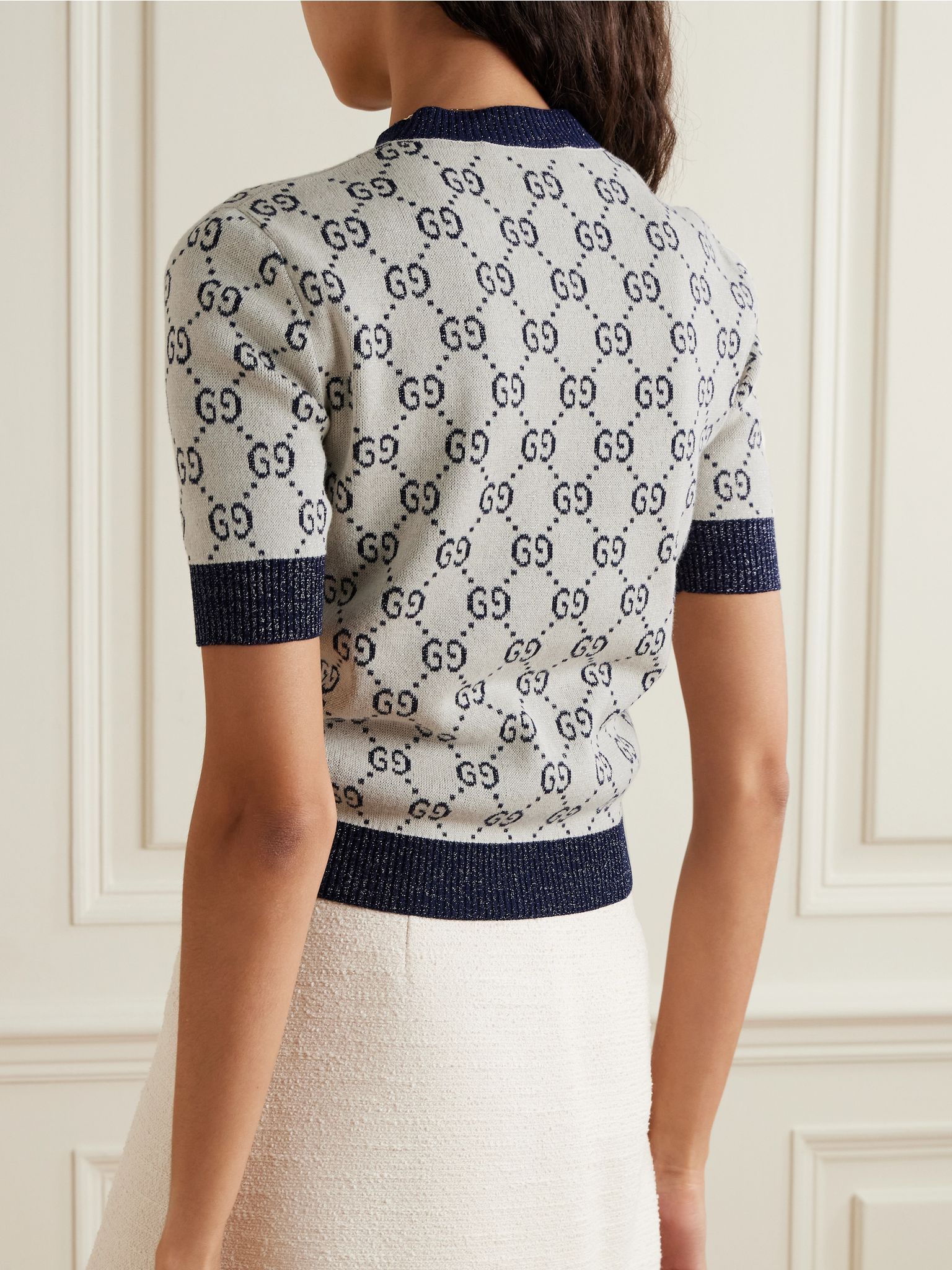 Love Parade metallic jacquard-knit cotton-blend sweater Navy - 3