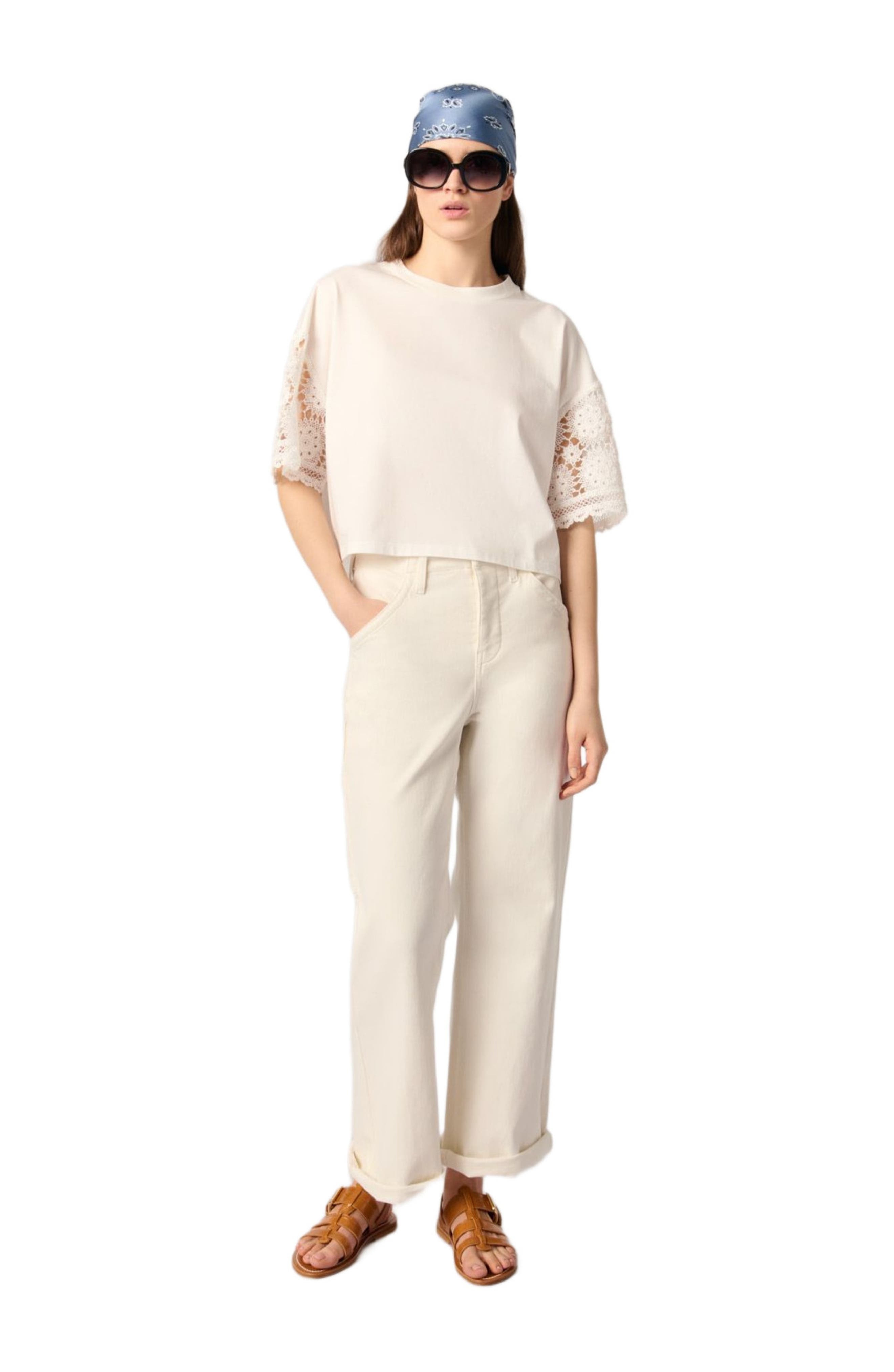 maje T-shirt with crochet sleeves in White at Nordstrom - 7