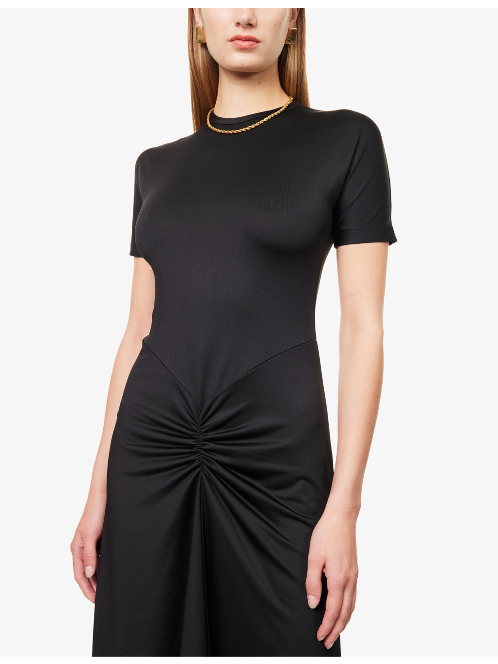 Gathered Short-Sleeve Stretch-Woven Midi Dress - 5