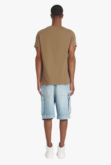 Taupe eco-designed cotton T-shirt with small flocked white Balmain Paris logo - 3